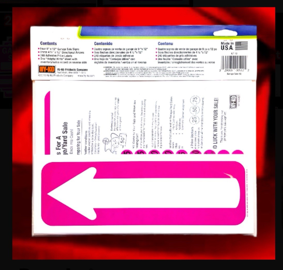 Garage Sale Kit: 4 Signs 8.5”x 12”,3 arrows, 240 Price Labels,Sales Record sheet