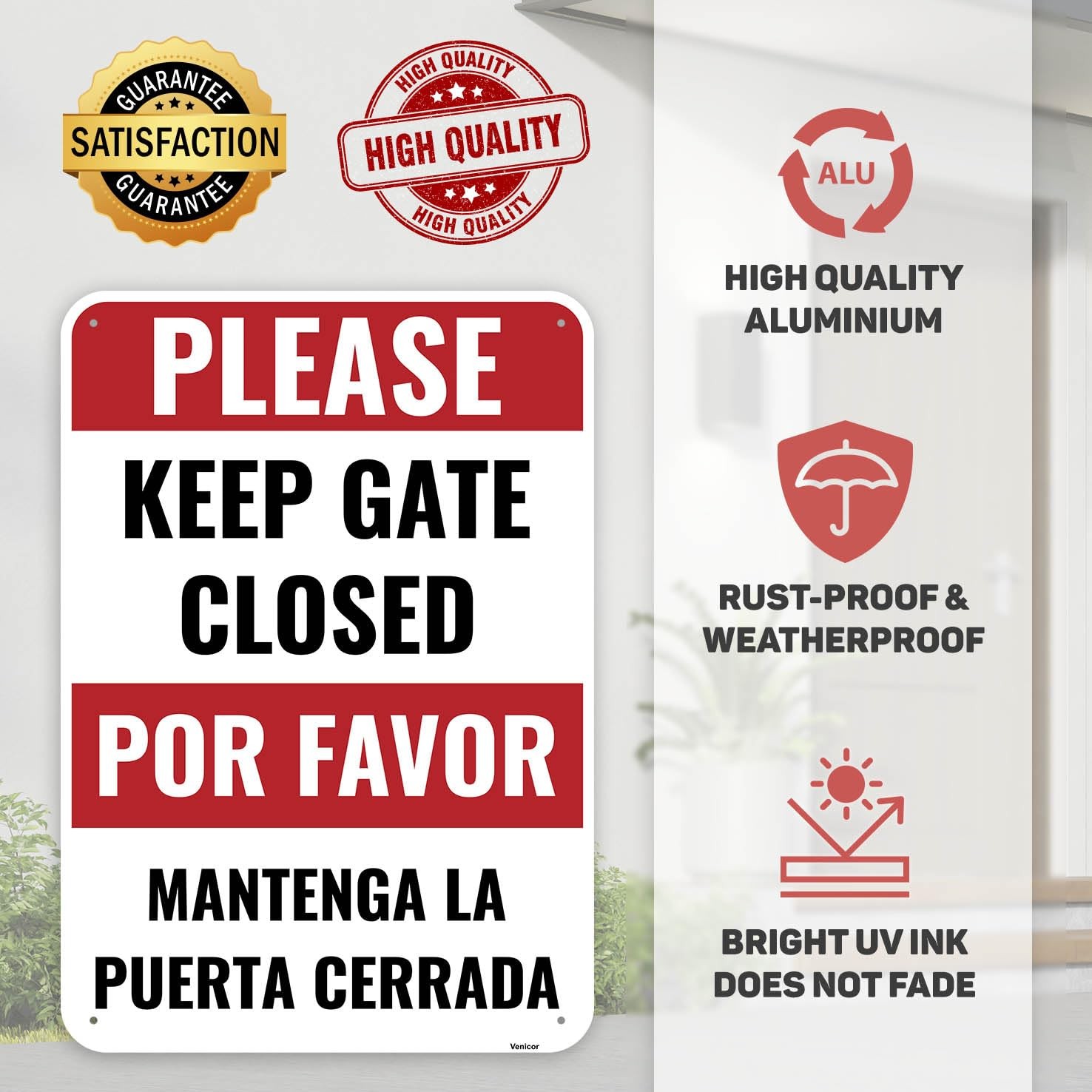 2PC Keep Gate Closed Sign Bilingual 10 x 7 Inches – Aluminum – Please Close G…