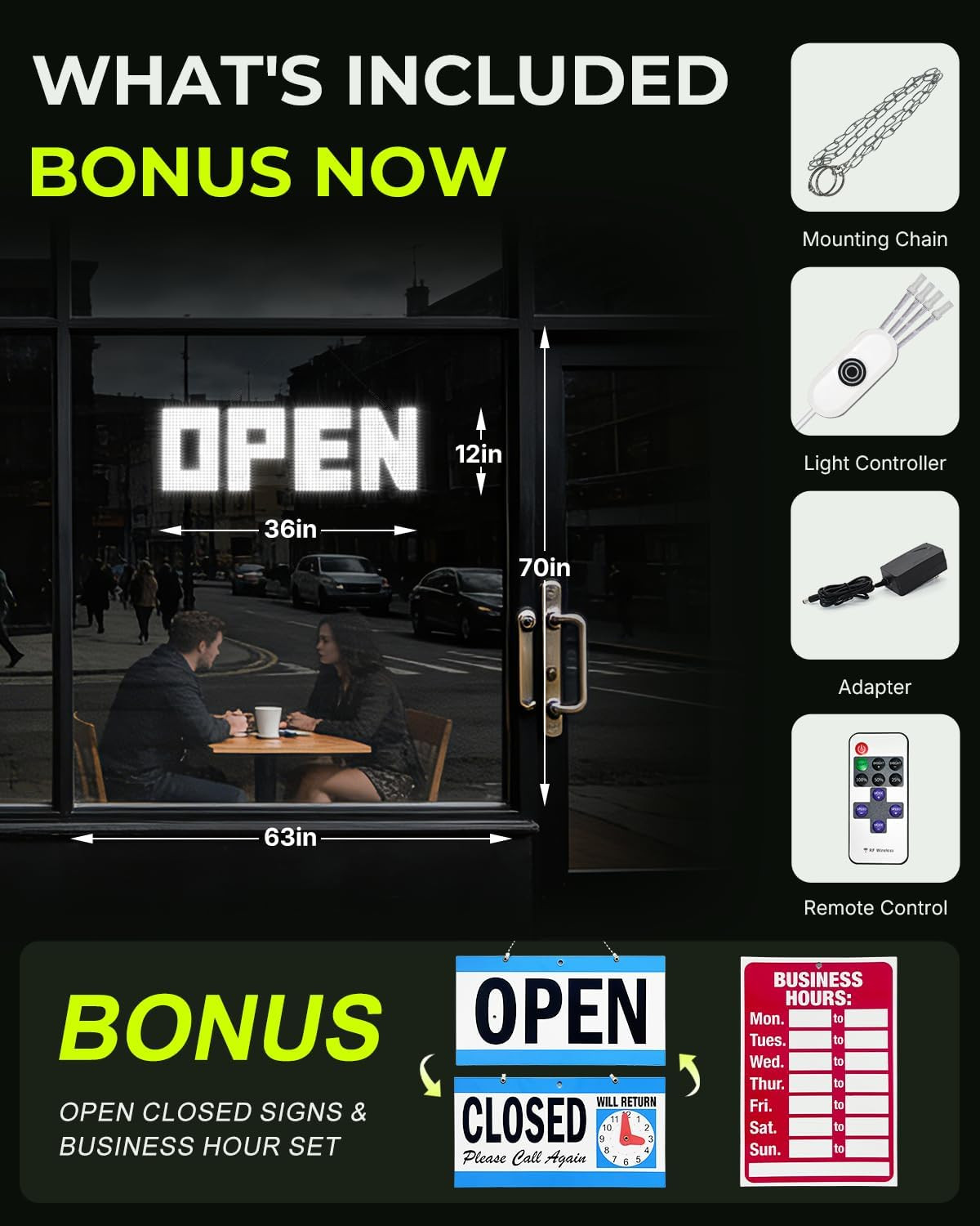 36″X12″ Bright Dimmable LED Open Sign for Storefronts, Bars & Cafes
