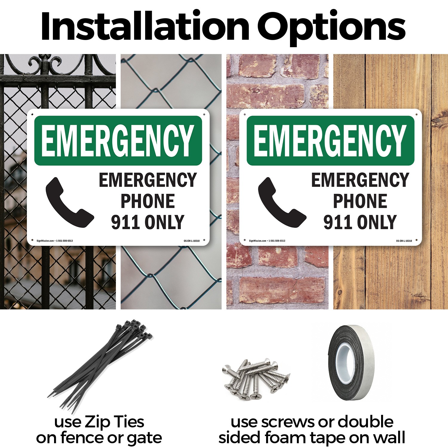 Phone 911 Only OSHA Emergency Sign Metal, Plastic, Or Decal – 5 or 10 Pack