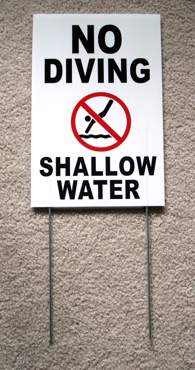 NO DIVING SHALLOW WATER w/Symbol 8″ x12″ Plastic Coroplast Sign w/Stake white