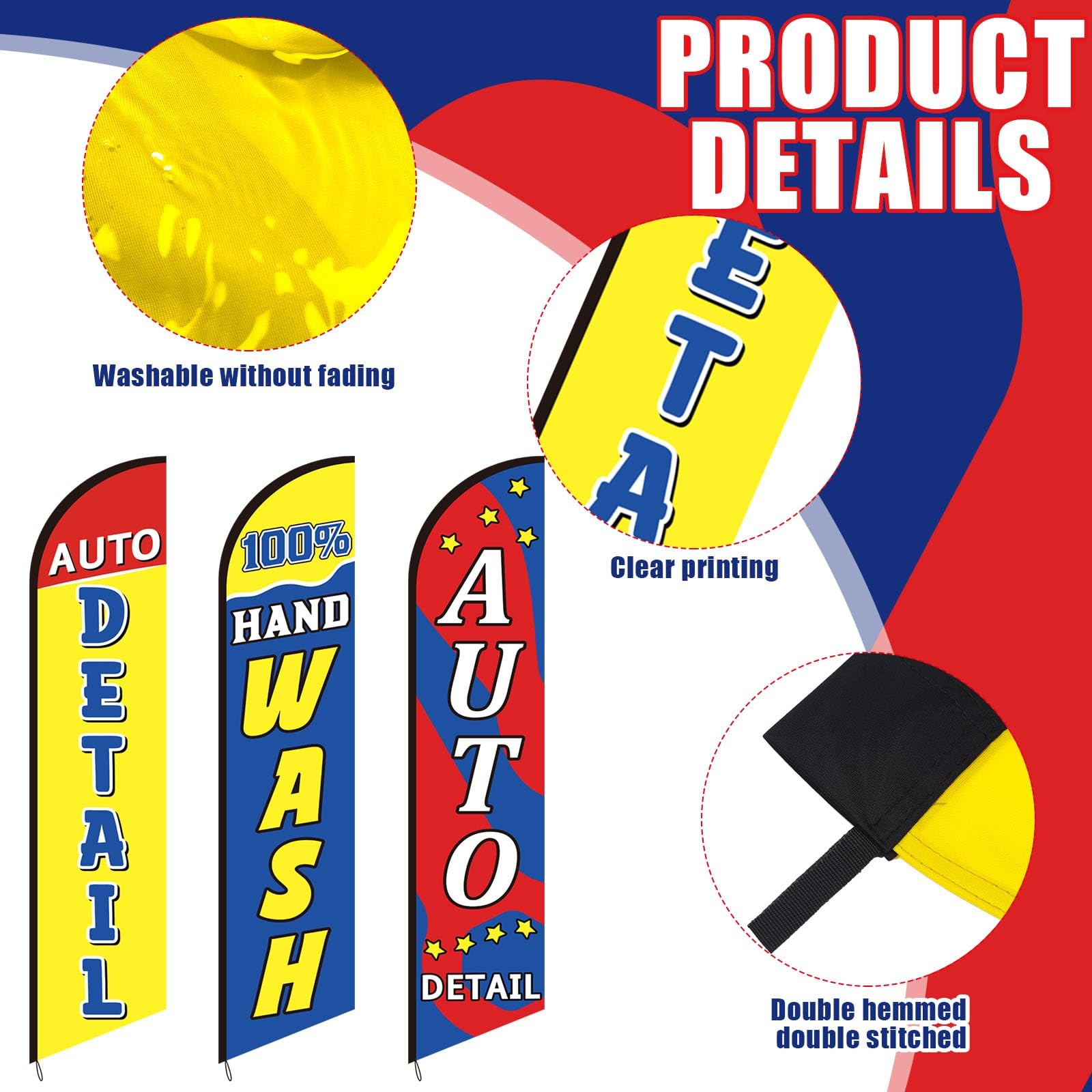 3 Pack Car Wash Sign Feather Flag 12 x 2.5 ft Auto Detail Hand Wash Windless …
