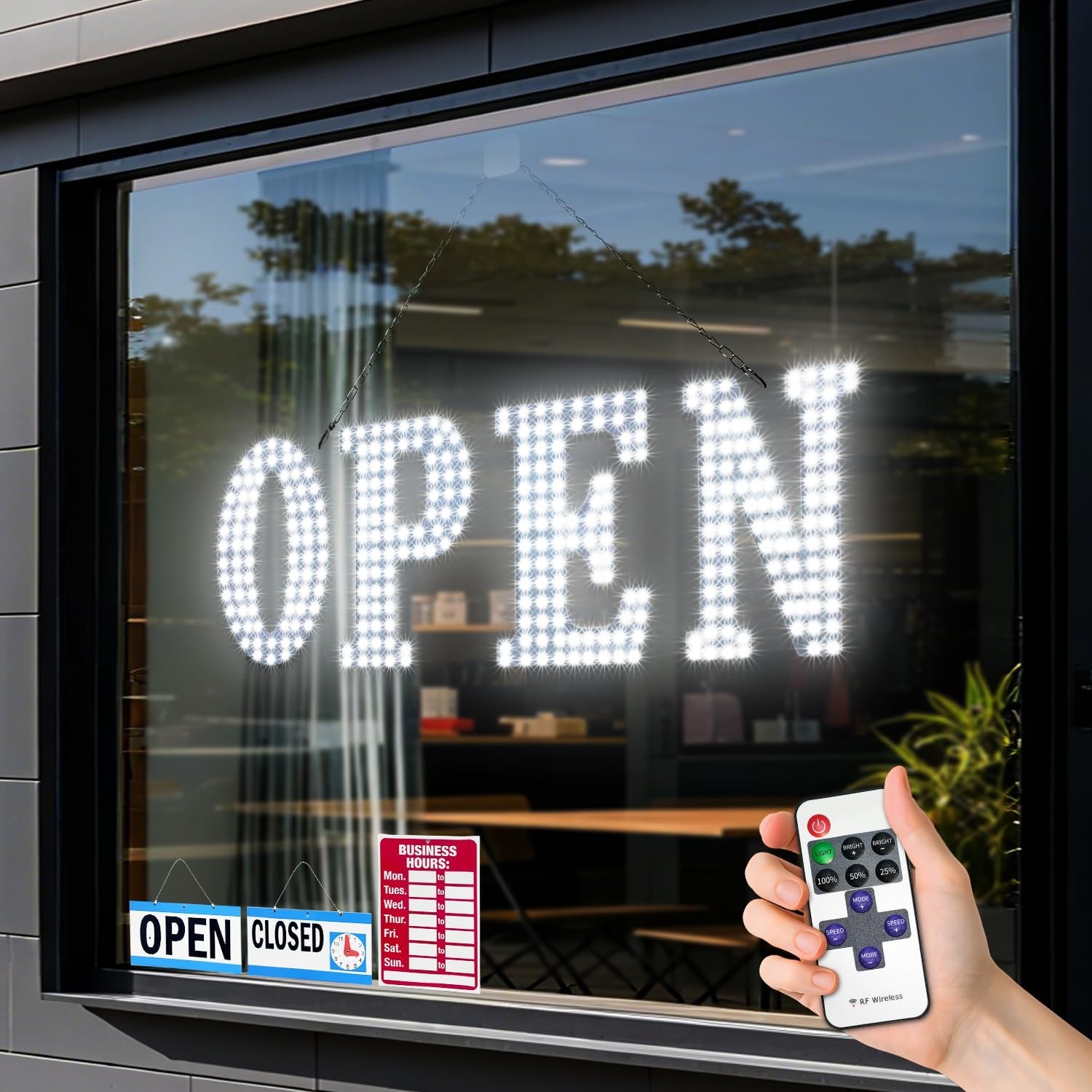 Large LED Open Sign for Business – 30″x10″ Bright Flashing Remote Control, 14 Mo
