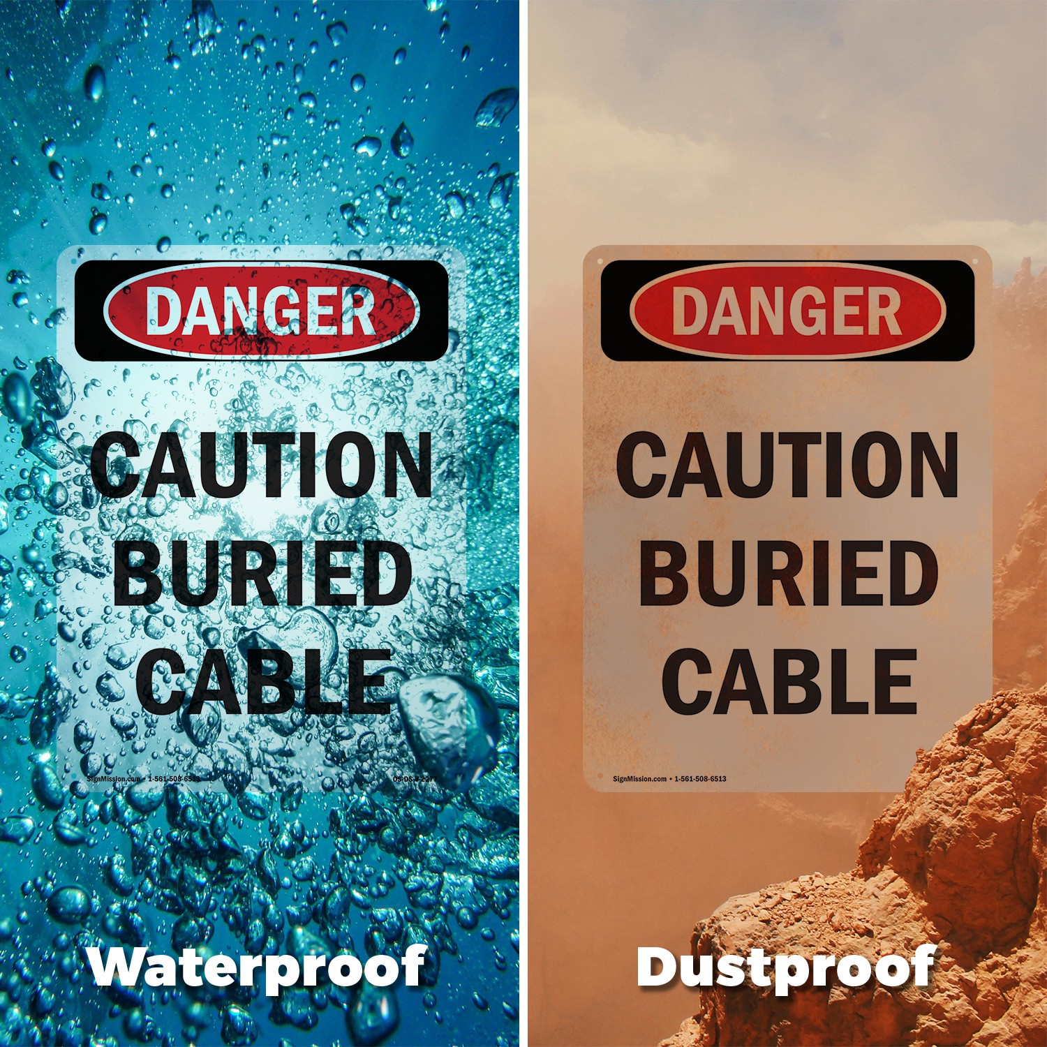 Caution Buried Cable OSHA Danger Sign Metal, Plastic, Or Decal – 5 or 10 Pack