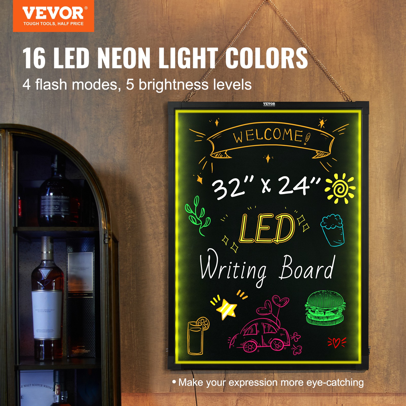 VEVOR LED Message Writing Board 32″x24″ Illuminated Erasable Lighted Chalkboard