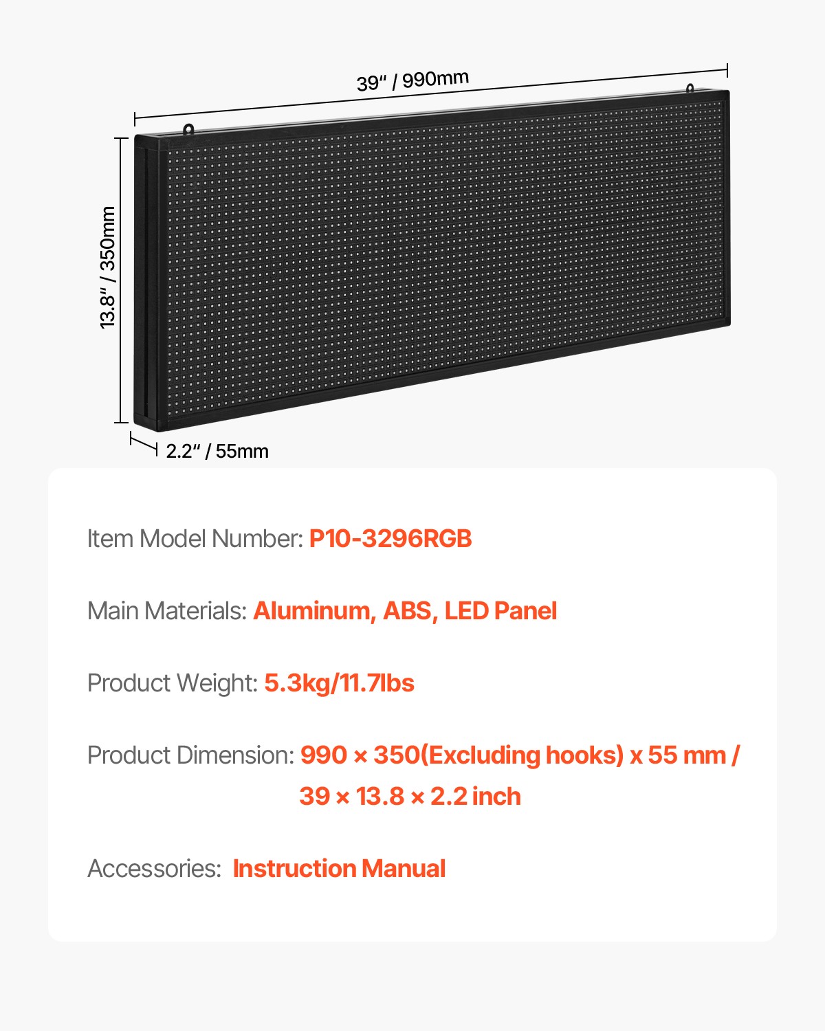 VEVOR 40×14 in Programmable LED Sign Digital Scrolling Display Board P10