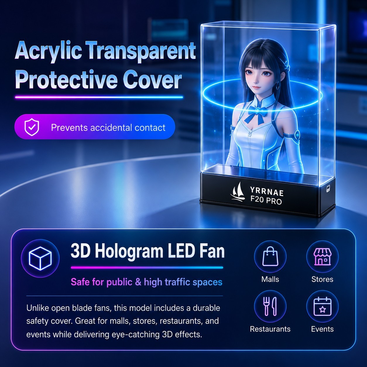 YRRNAE 3D Hologram Fan Display 8in LED Sign WiFi App Cover 1500 Videos 1080P