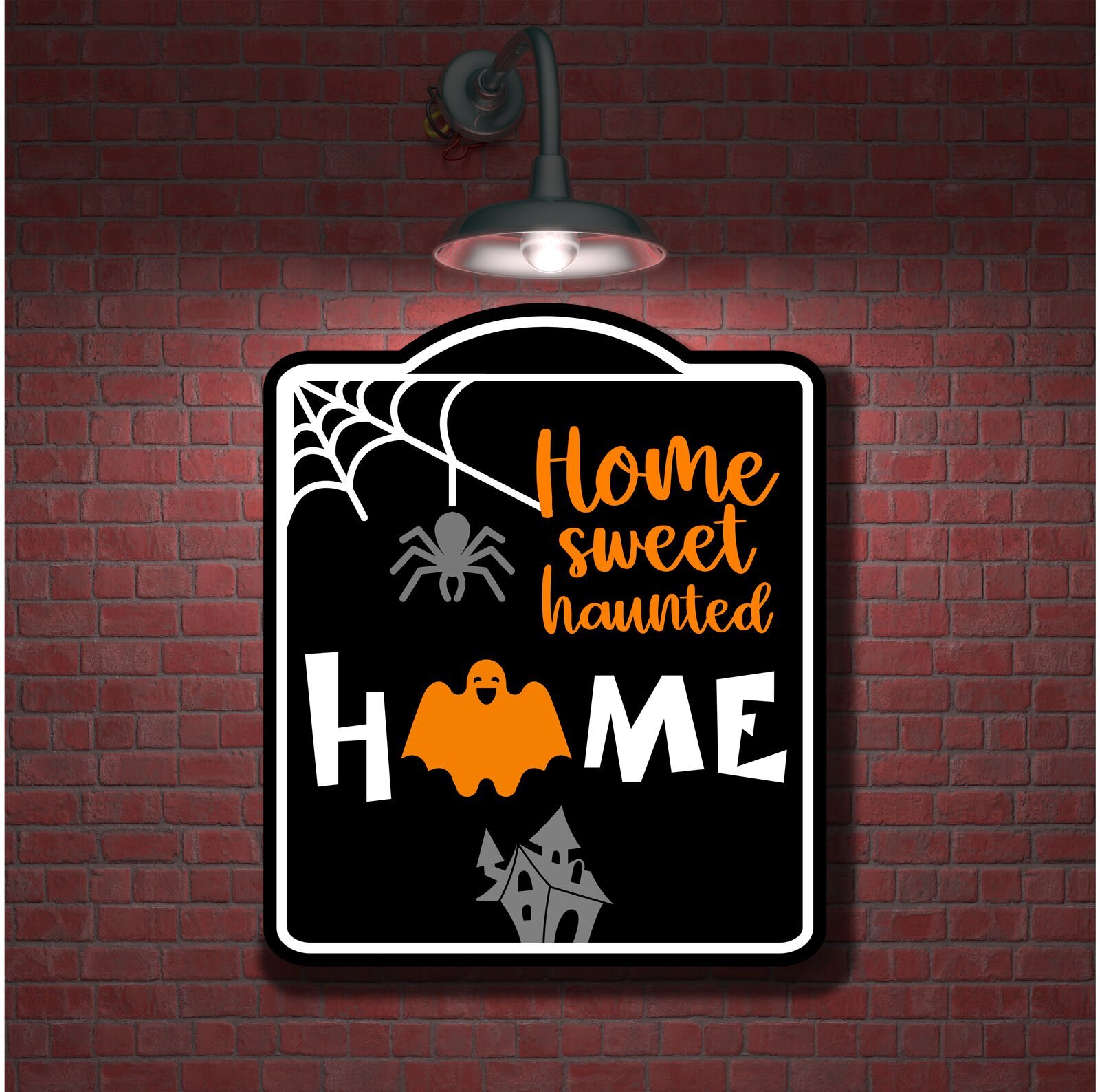 Home Sweet Haunted Home Orange Ghost BLACK Aluminum Composite Sign