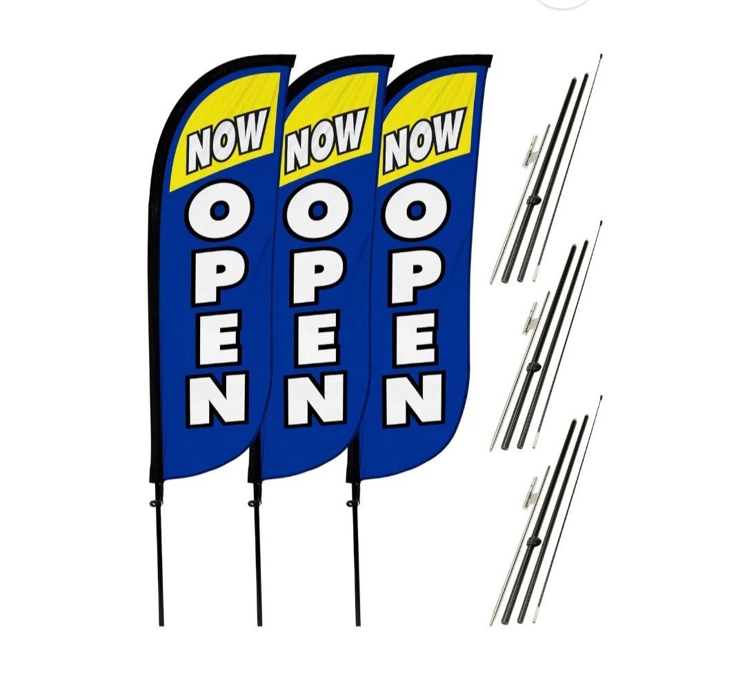 NOW OPEN OUTSIDE SIGN – 3 SET – Windless Feather Flag ~ W/ Pole & Ground Stake