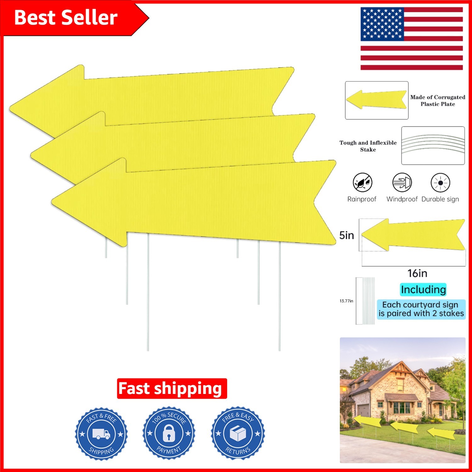 Durable 3-Piece Yellow Arrow Directional Signs – Easy Installation for Events