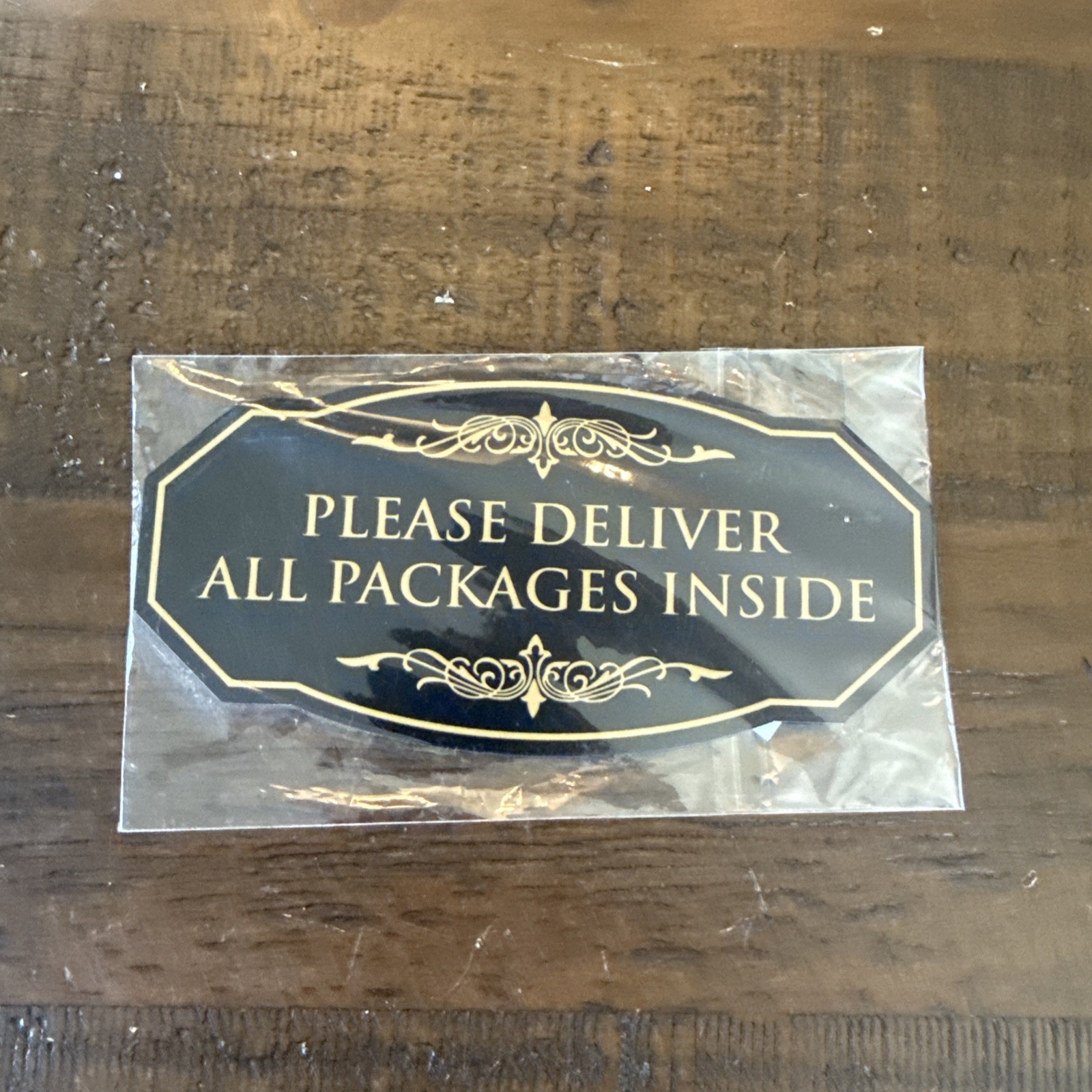 Victorian Please Deliver All Packages Inside Durable Plastic Black Gold 3″ x 6″