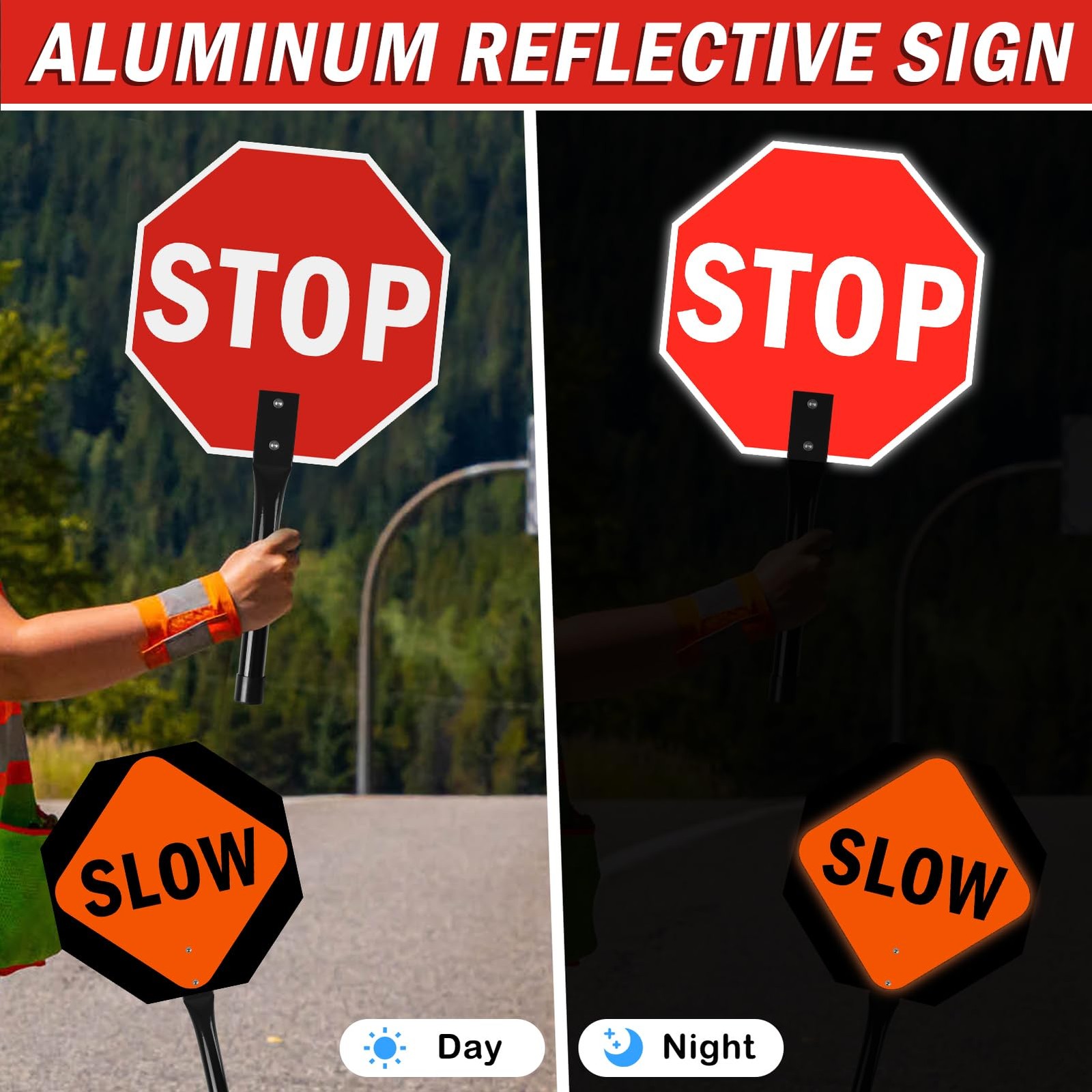 2 PCS 12×12 Inch Stop Slow Sign Metal Handle Double Sided Reflective Traffic