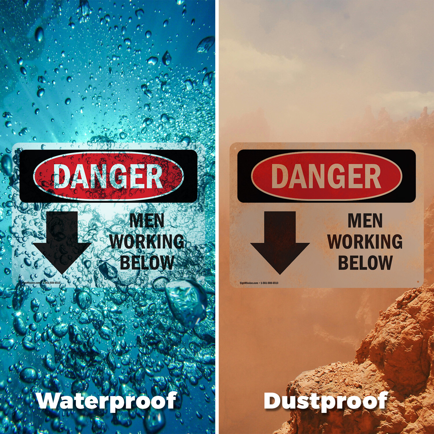 (2 Pack) Men Working Below OSHA Danger Sign Decal Metal Plastic