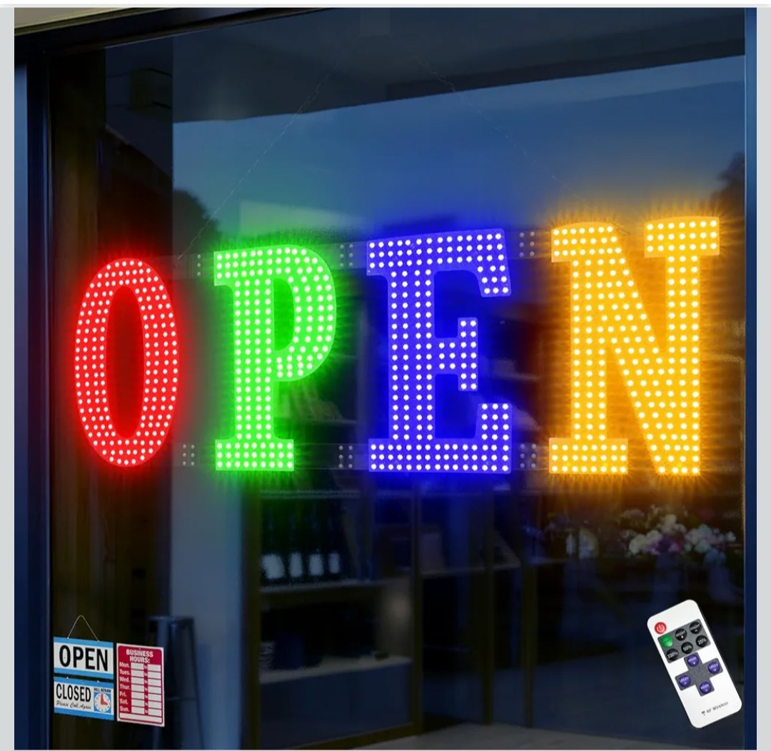 Multi-Color OPEN Sign, 40″ x 14″, Adjustable Brightness & Flash Speed, Remote