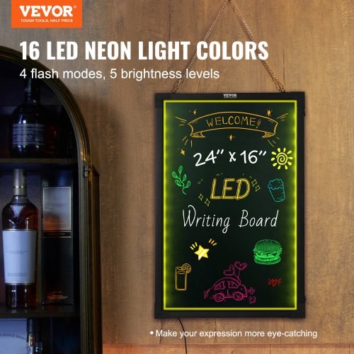 VEVOR LED Message Writing Board 24″x16″ Illuminated Erasable Lighted Chalkboard