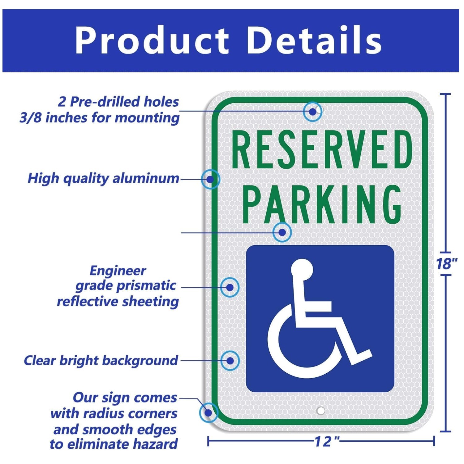 2pcs Aluminum Handicap Sign – Reflective Blue, 18x12in