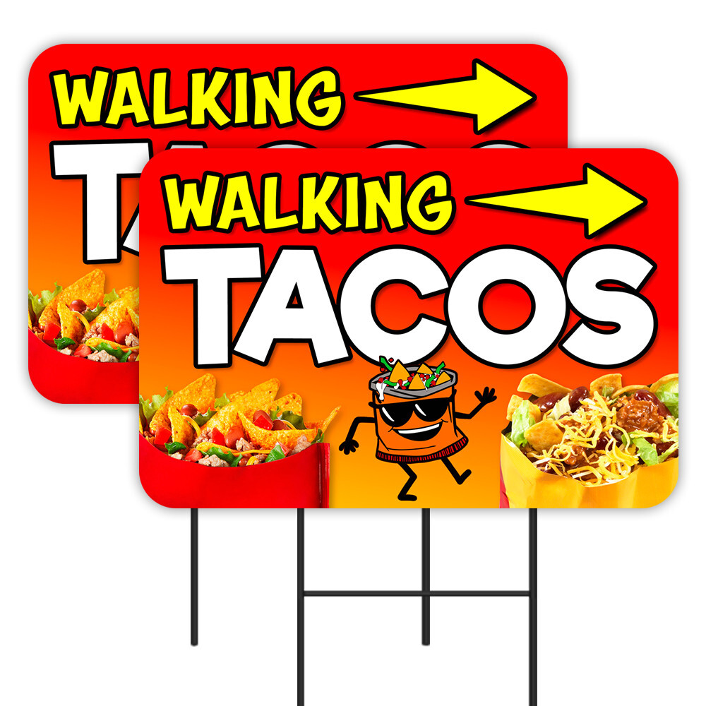 Walking Tacos 2 Pack Double-Sided Yard Signs 16″ x 24″ with Metal Stakes (Made i