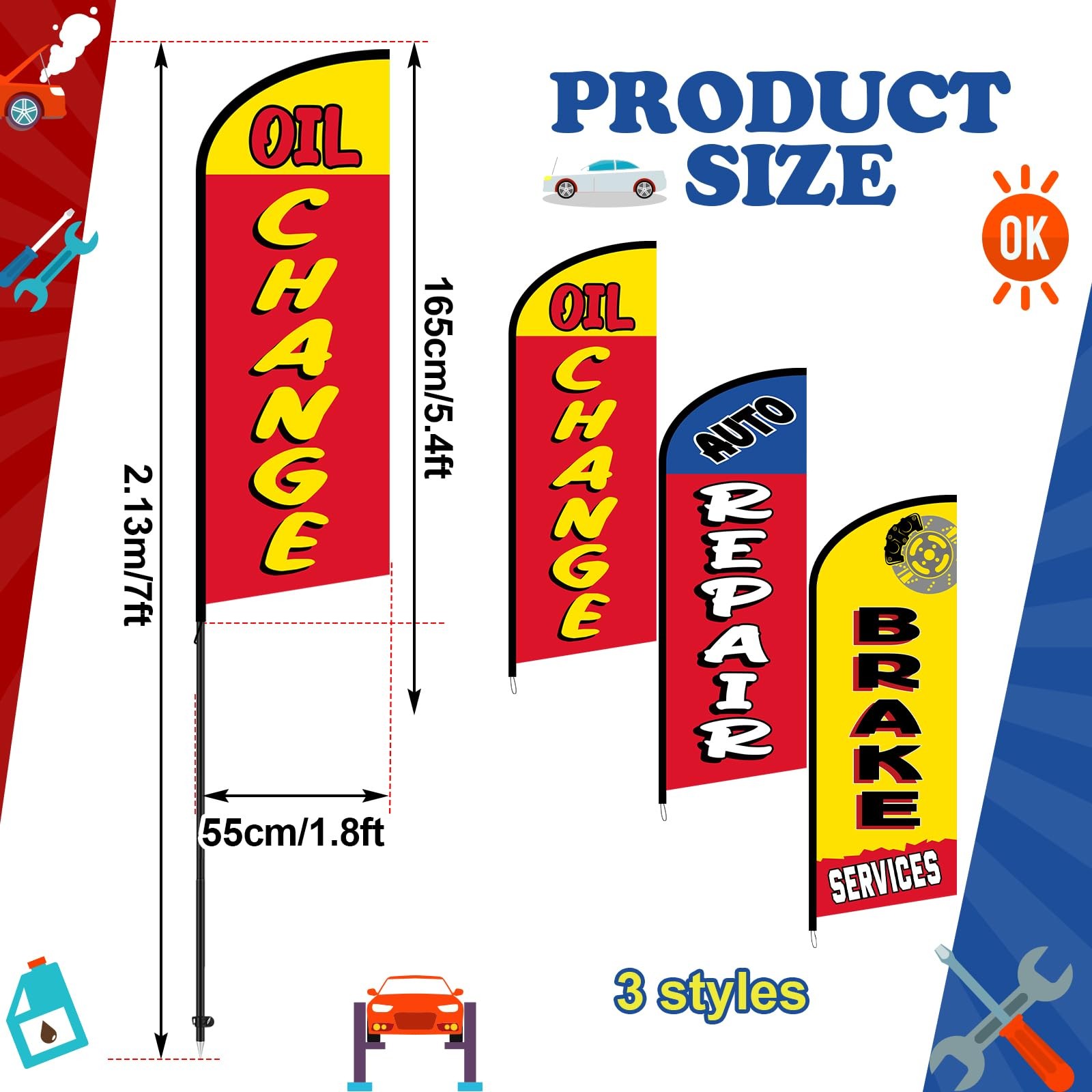 3 Sets Auto Repair Feather Flag with Pole Kit 7 ft Large Advertising Flags fo…
