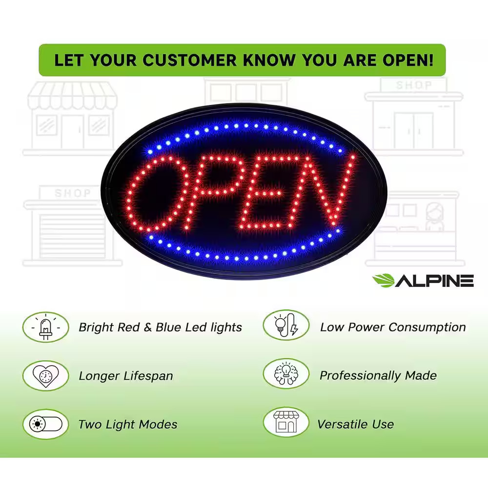 23 In. X 14 In. LED Oval Open Sign with Hanging Chain, Bright High Visibility