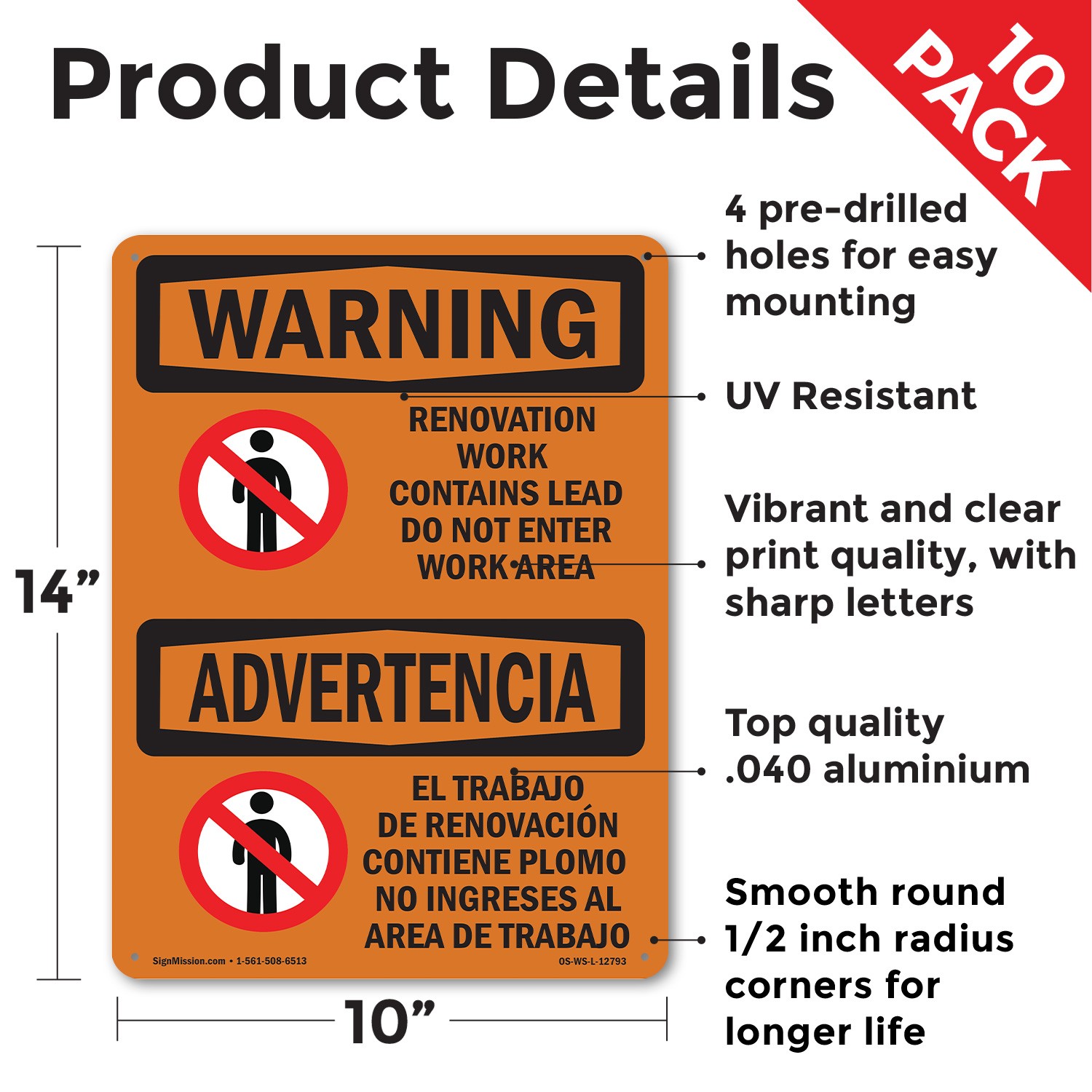 Renovation Work Contains Lead Do Not Enter OSHA WARNING Sign, Decal 5 or 10 Pack