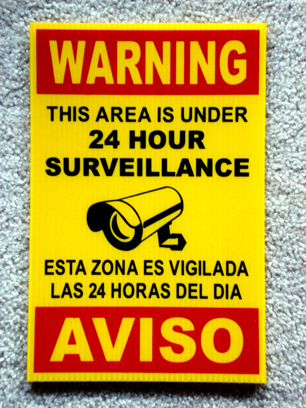 Security Video Surveillance Warning 24 Hr Coroplast Sign 8×12 Spanish English