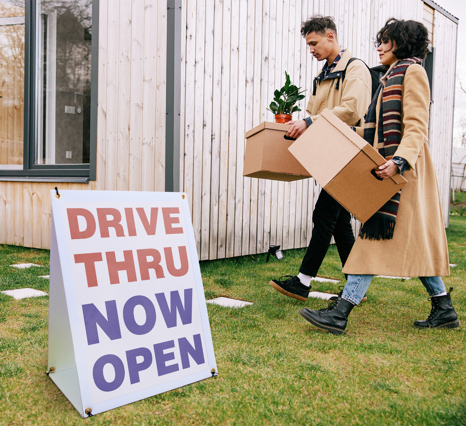 Drive Thru Now Open A-Frame Sidewalk Sign Convenient Service Restaurant Open