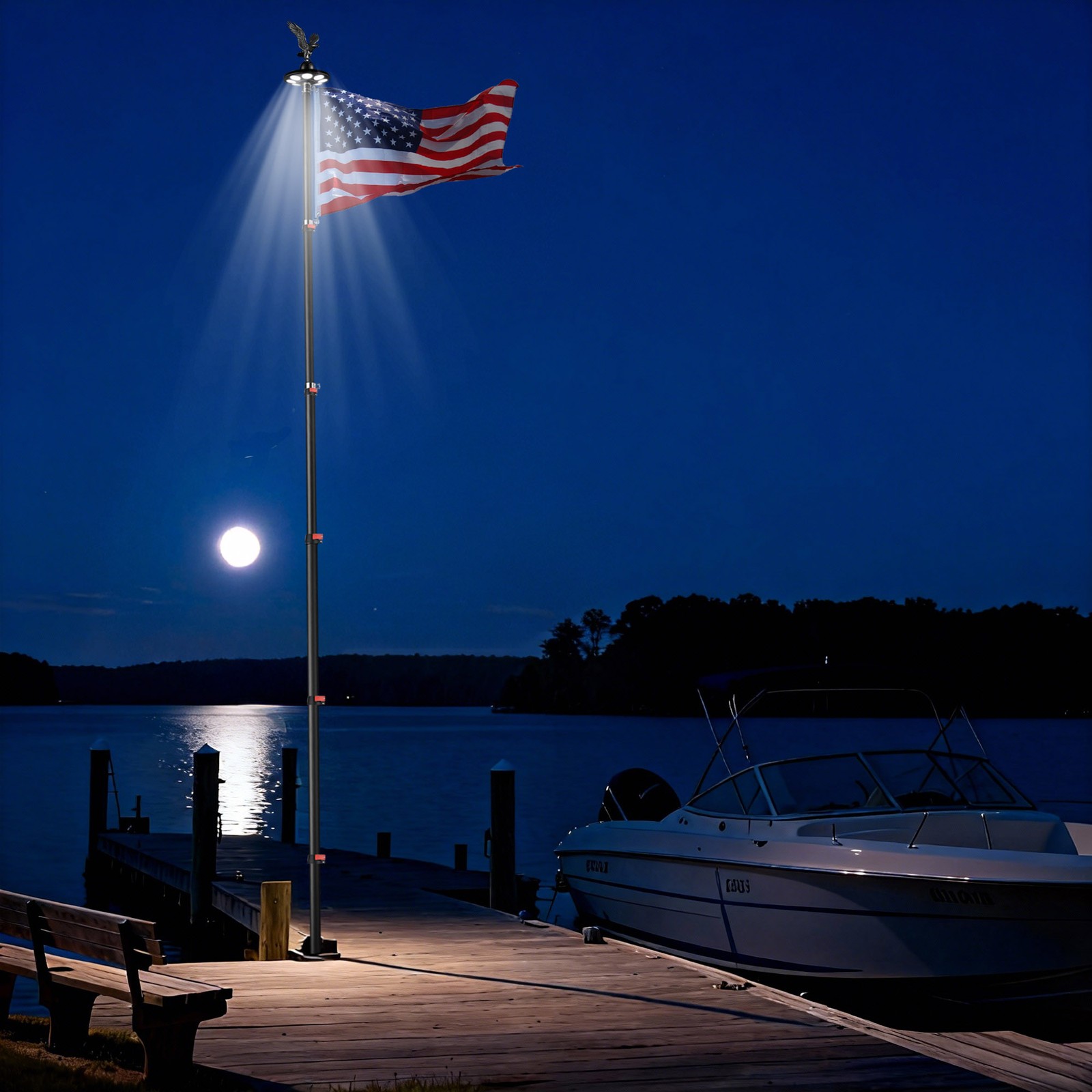 Yescom EZ GO 20′ Telescopic Flag Pole Kit Solar Light US Flag Eagle Topper Black