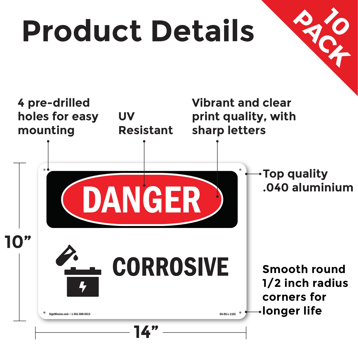 Corrosive OSHA Danger Sign Metal, Plastic, Or Decal – 5 or 10 Pack