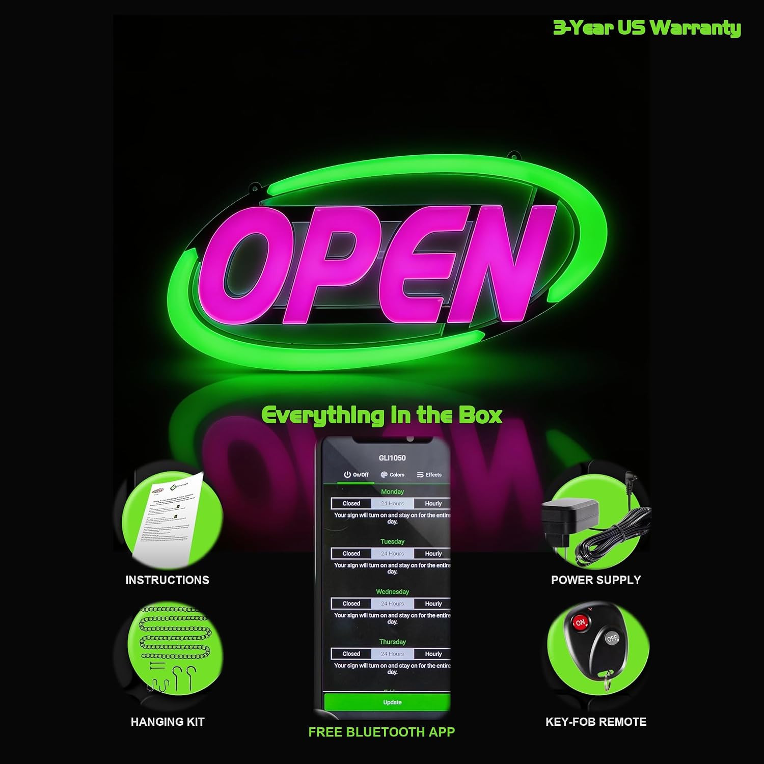 Super-Bright LED Open Sign for Business 15X32 in – 64 Color Combos via Bluetooth