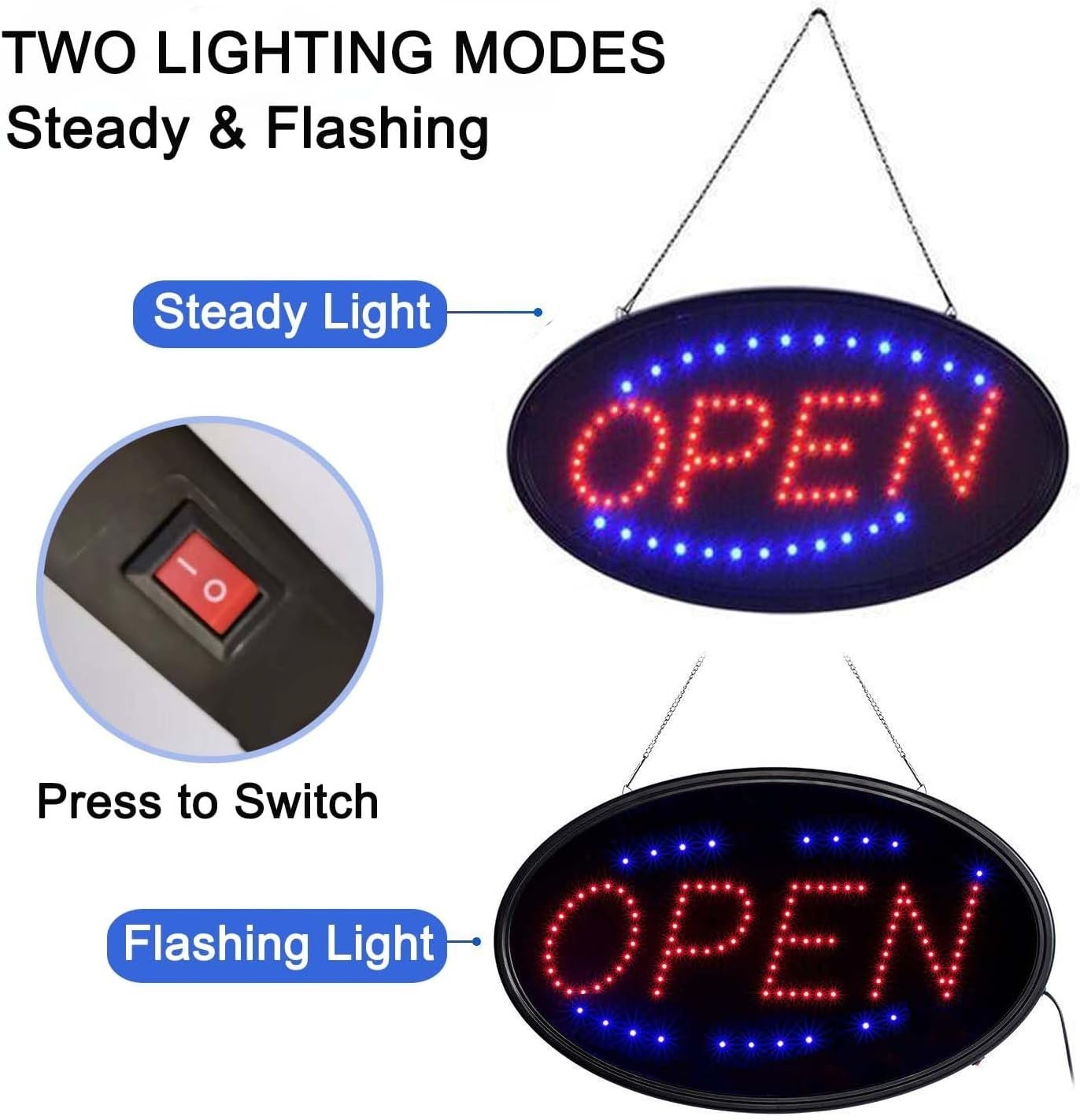 Wall-Mounted 19″x10″ LED Open Sign with Stainless Steel Chain for Easy Setup