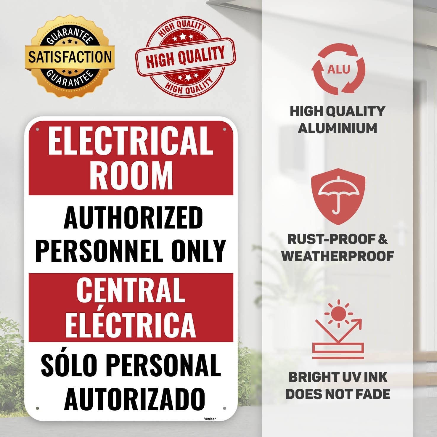 1PC Electrical Room Sign Bilingual 10 x 7 Inches – Aluminum – Authorized Pers…