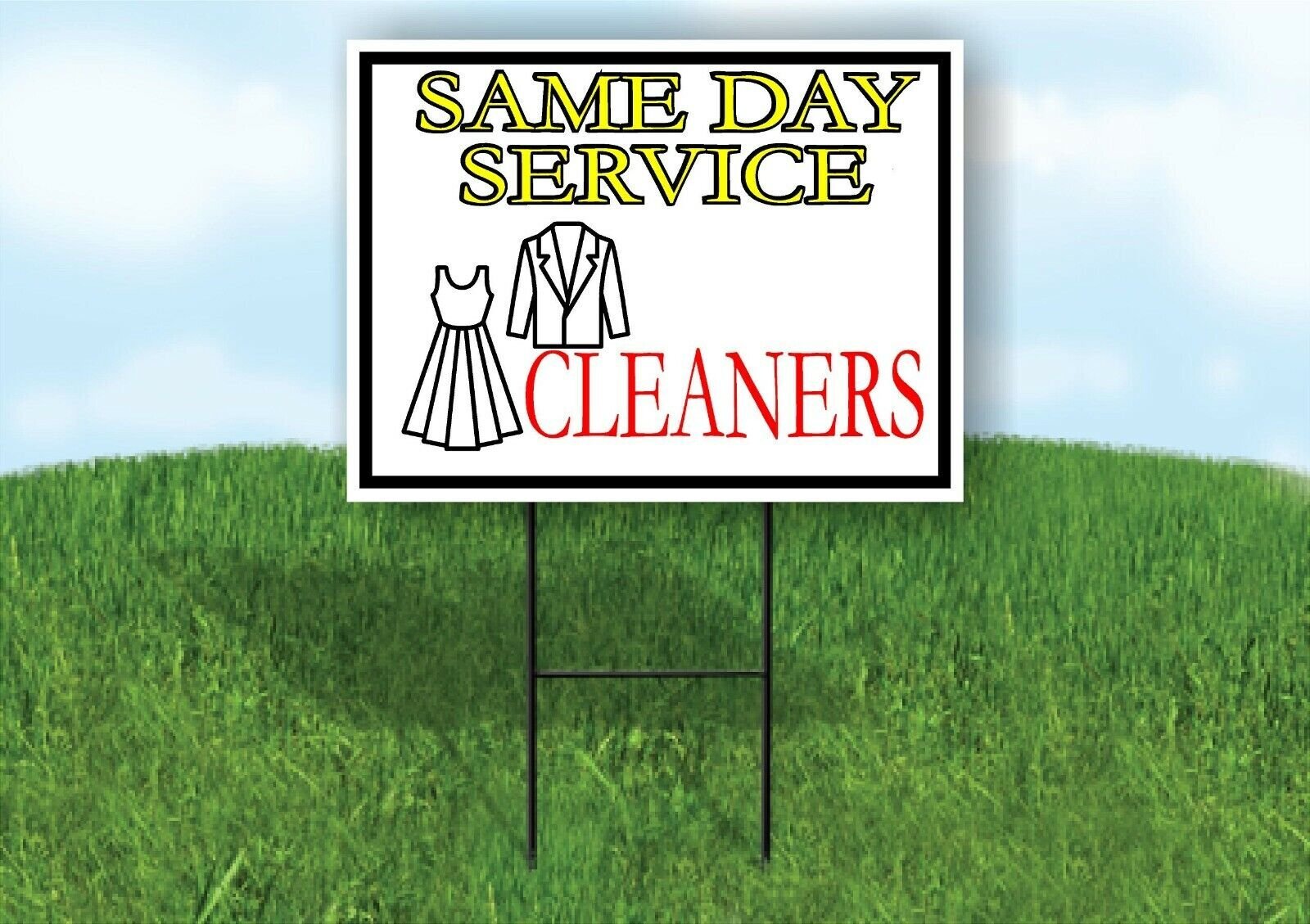 SAME DAY SERVICE CLEANERS YELLOW RED Yard Sign with Stand LAWN SIGN