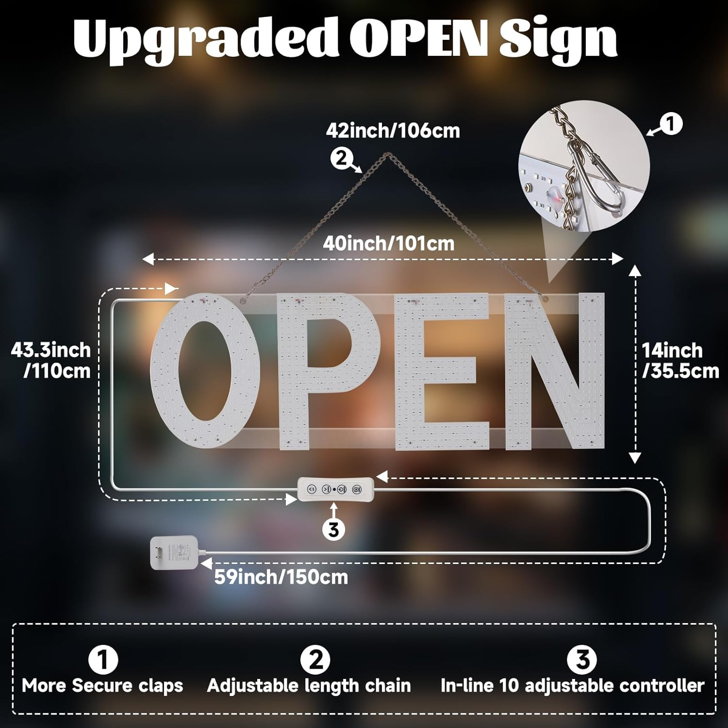 LED Open Signs for Business, 40″X14″ Dimmable Large LED Open Light up Sign with