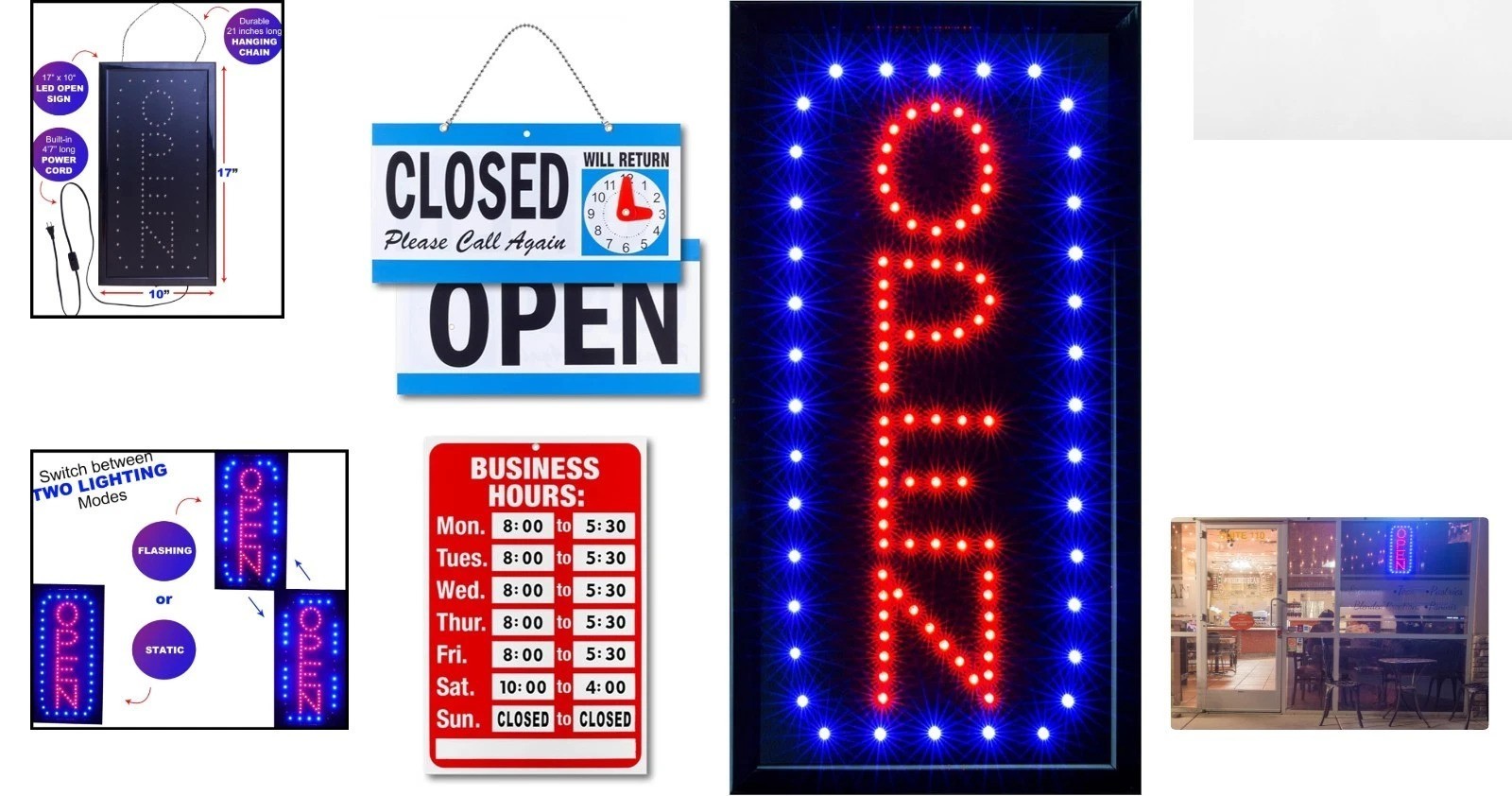 Modern Vertical Neon Open Sign with Business Hours – Easy Installation & Bright