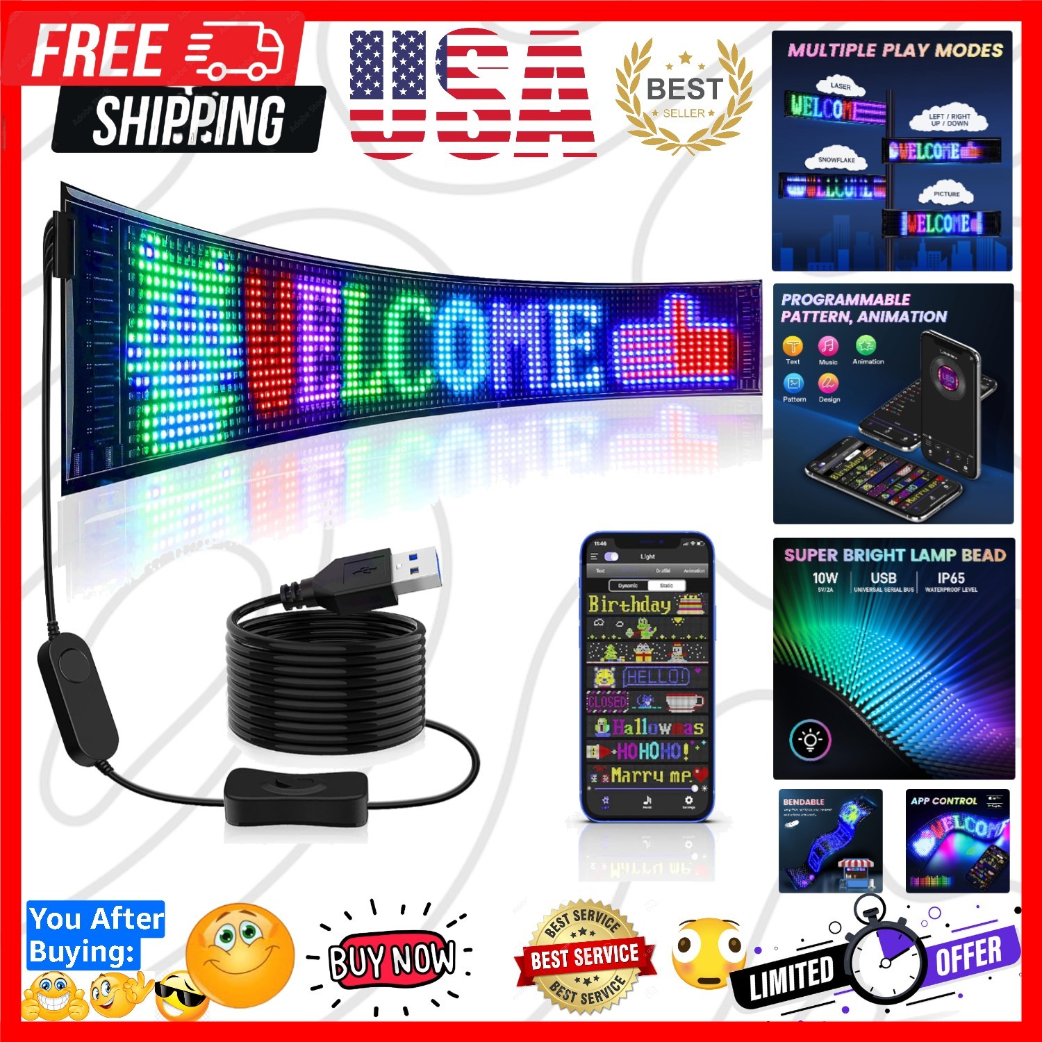 Scrolling Huge Bright Advertising LED Signs, Flexible USB 5V LED Store Sign B…