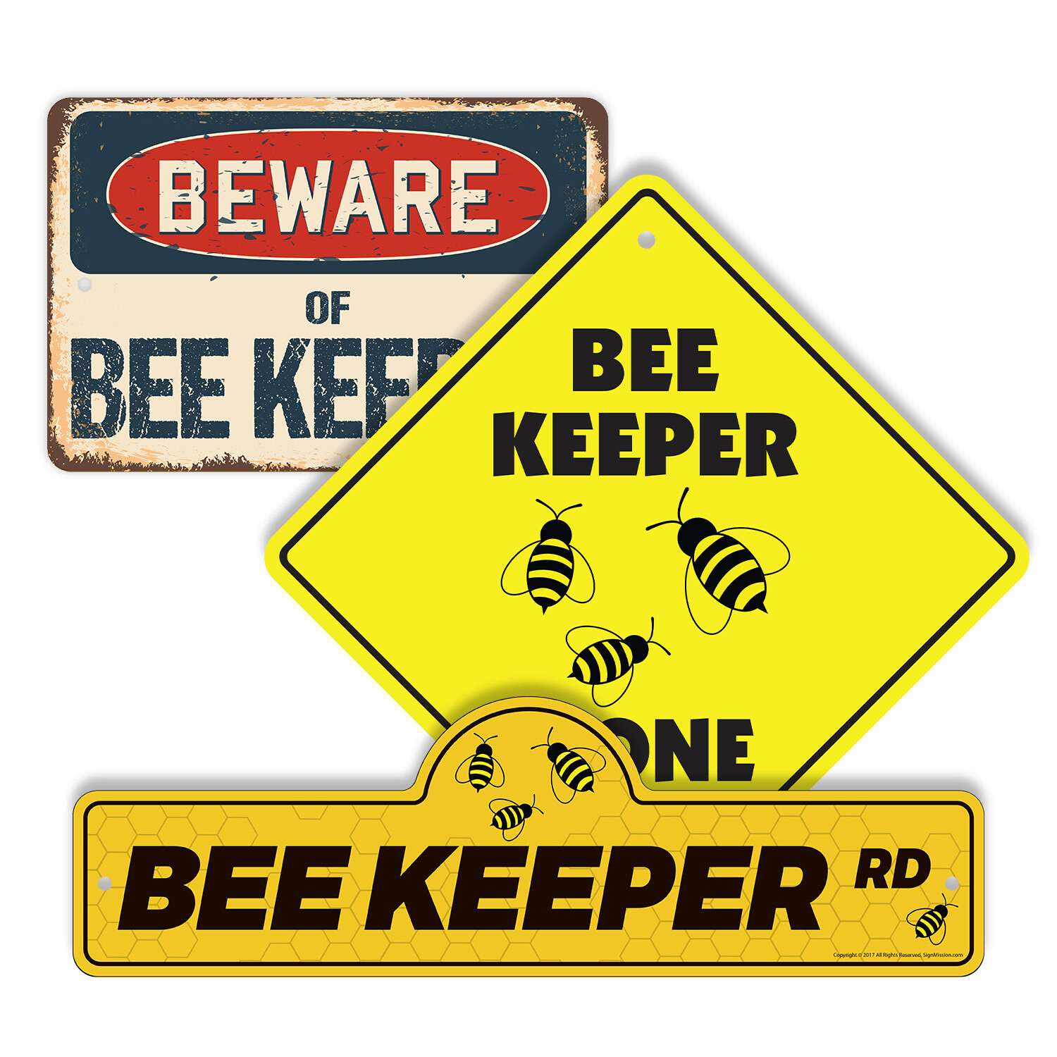 Bee Keeper (3 Pack) Plastic Street Sign Crossing Warning Vintage Rustic Beware