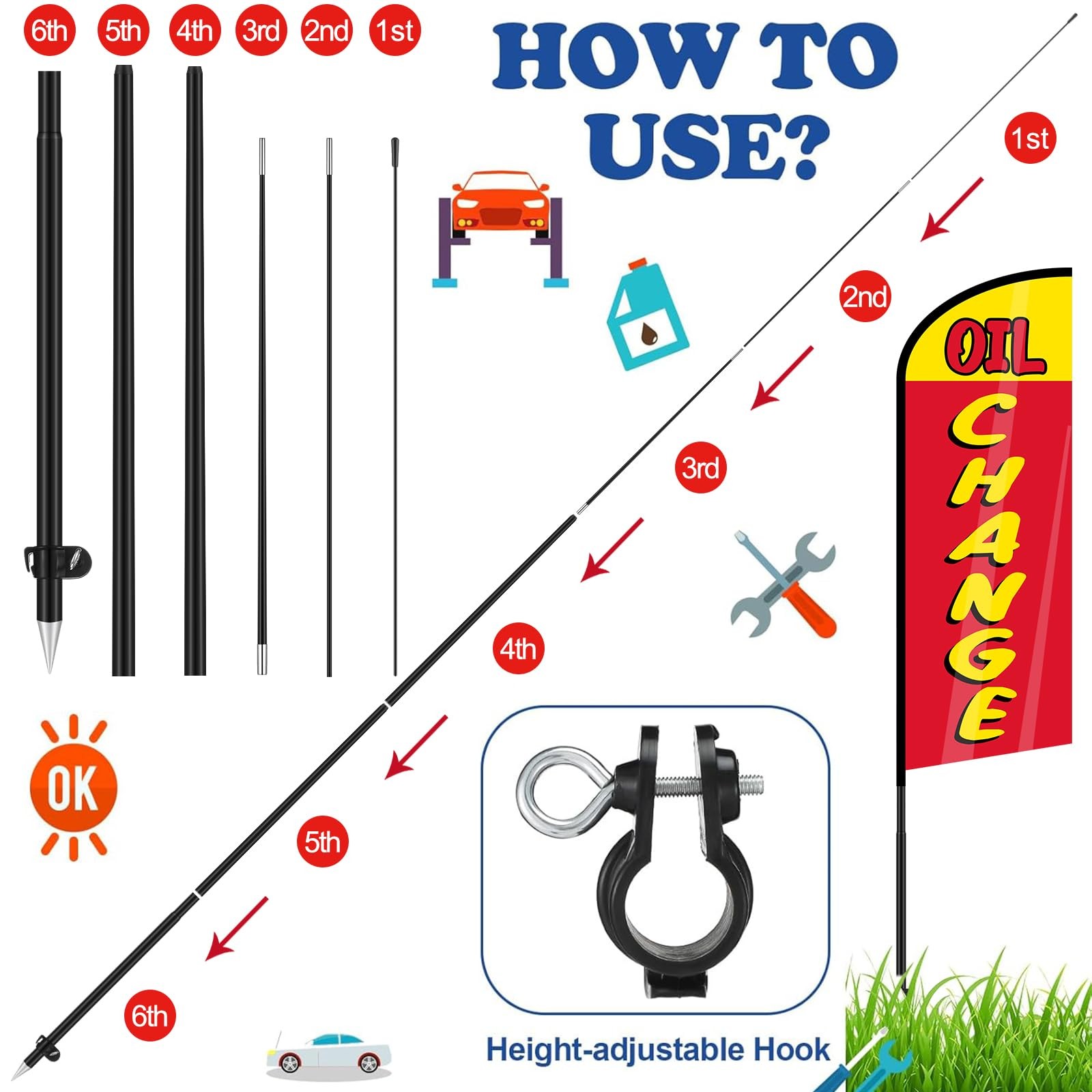 3 Sets Auto Repair Feather Flag with Pole Kit 7 ft Large Advertising Flags fo…