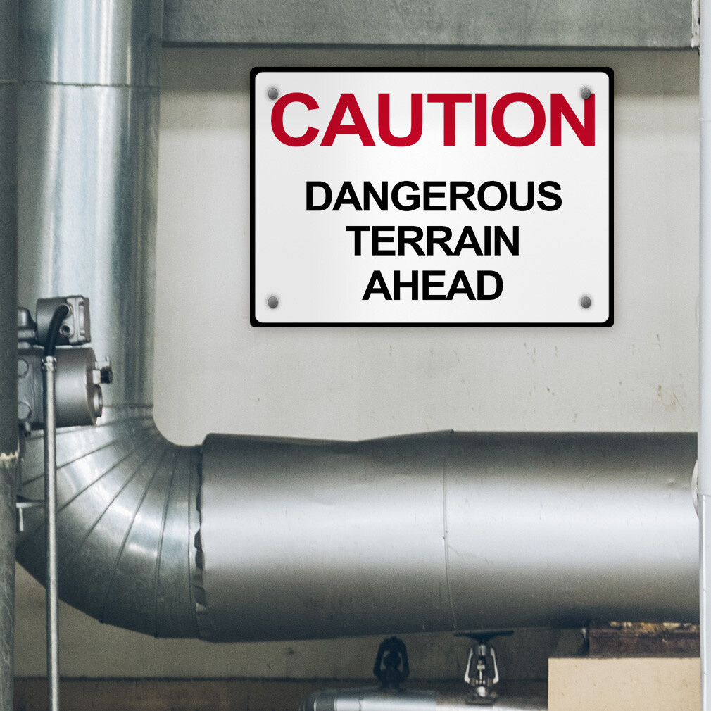 Aluminum Horizontal Metal Sign Caution Dangerous Terrain Ahead Black Road