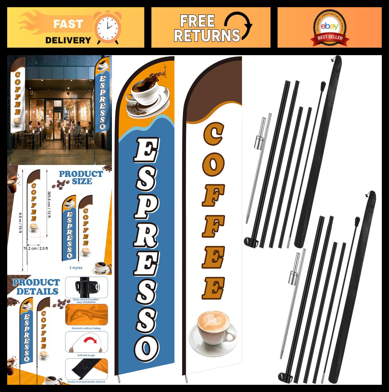 2 Set Coffee Feather Flags 15 Ft Swooper Kit – Windless Espresso Sign for Shops