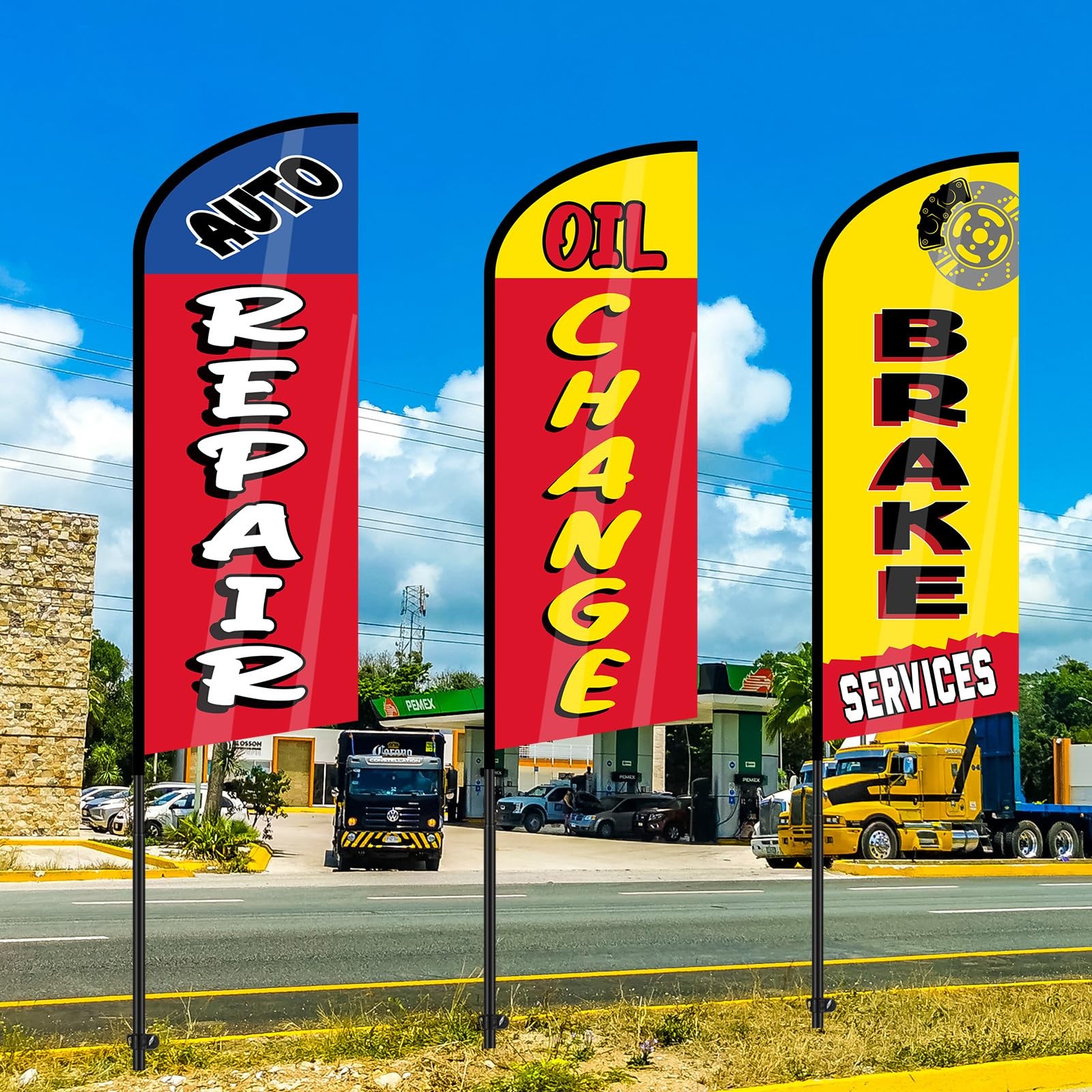 3 Sets Auto Repair Feather Flag with Pole Kit 7 ft Large Advertising Flags fo…