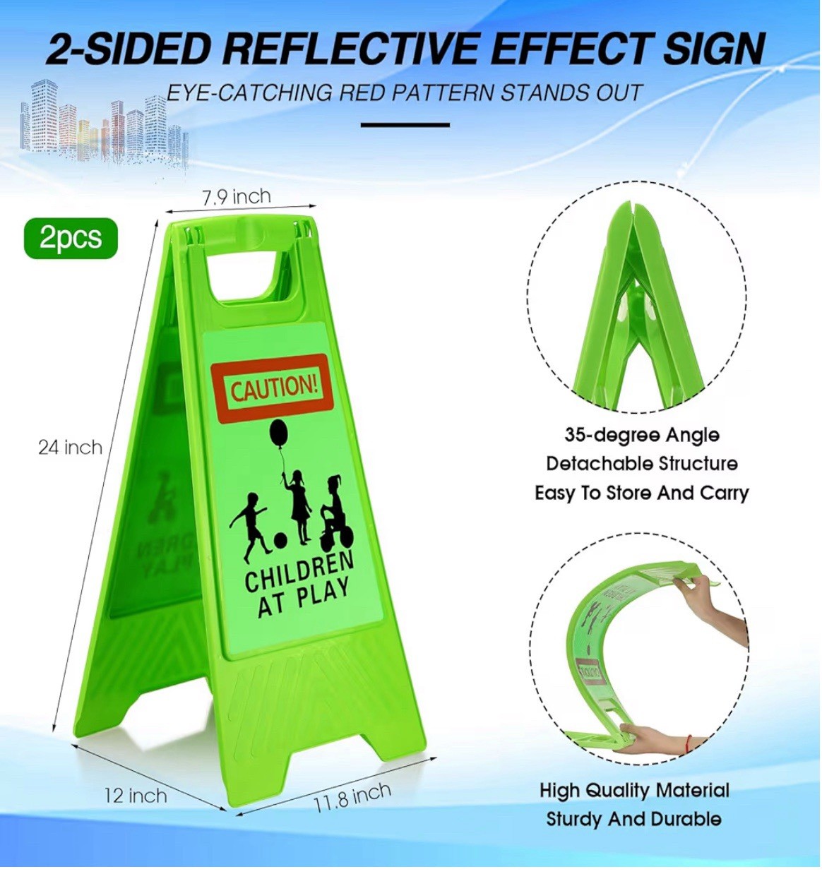 4pcs Reflective Kids at Play Sign Double Sided 24in Portable Handle Green