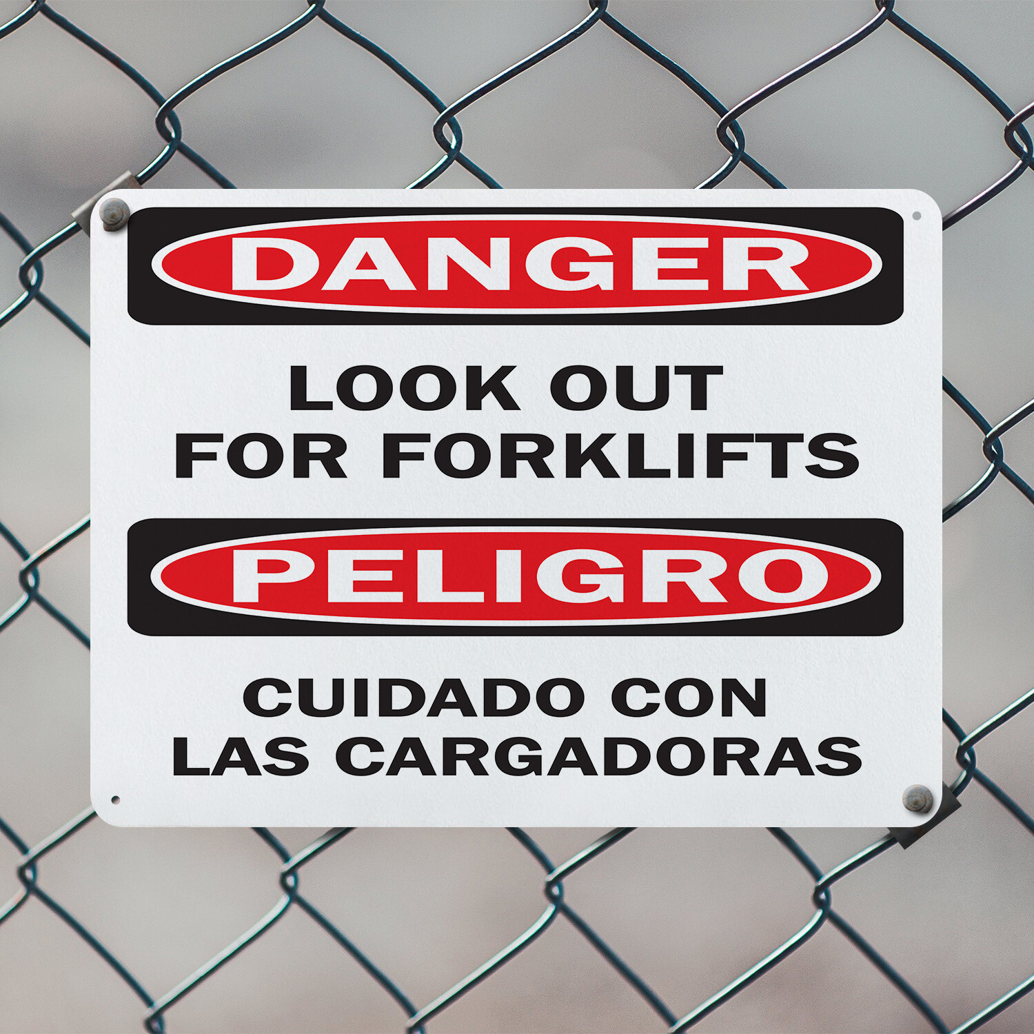 (2 Pack) Look Out For Forklifts Bilingual OSHA Danger Sign Decal Metal Plastic