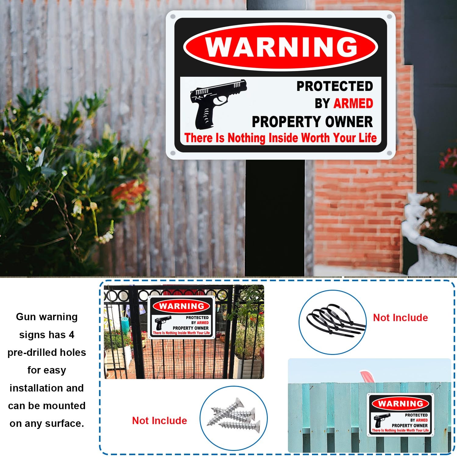 3Pack Gun Sign for Home Security 10×7 inch Warning Signs for Home Property Rust