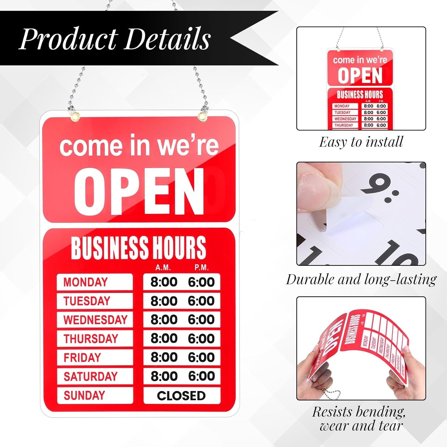 Customizable Open/Close Business Hours Sign – Ideal for Glass Doors, 10.63″x6.9″