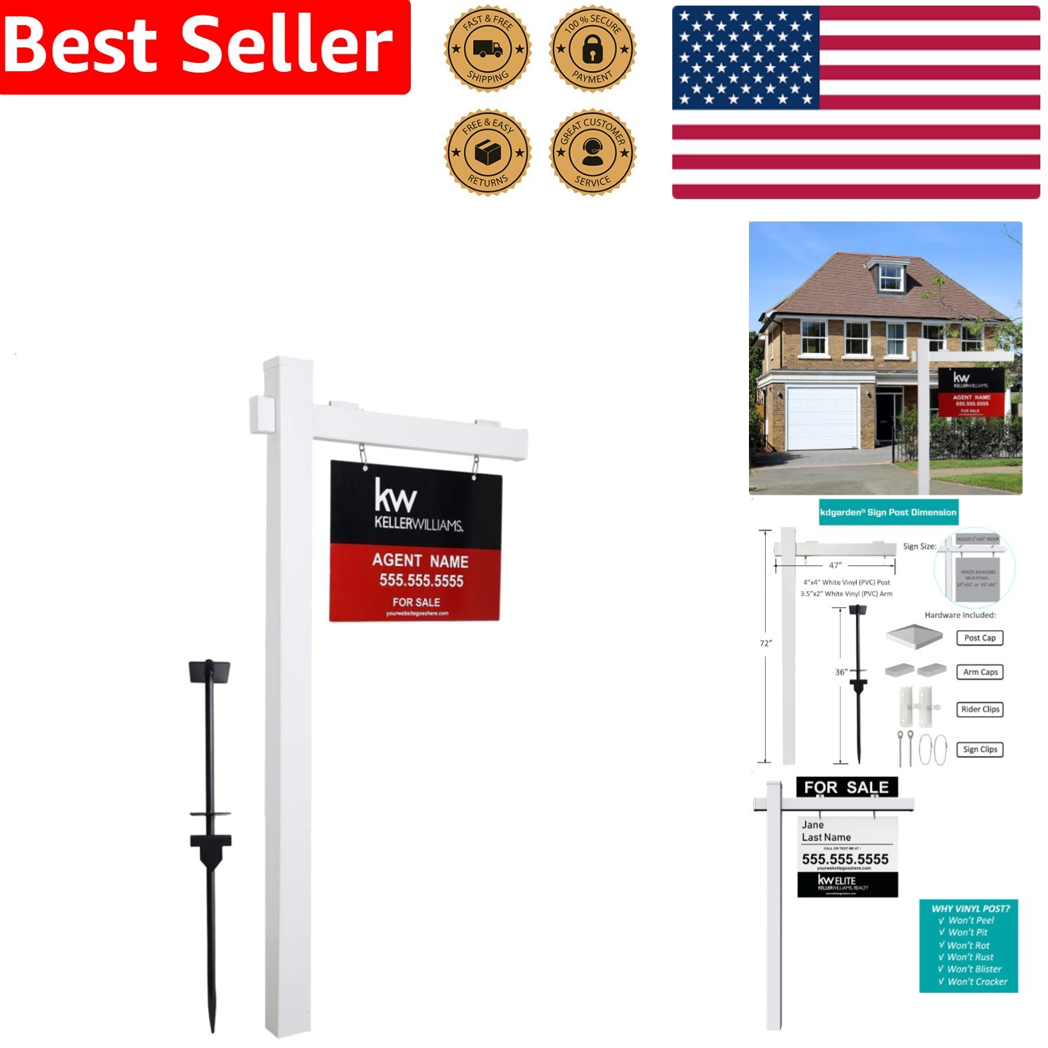 White Vinyl PVC Real Estate Sign Post 6ft, Realtor Yard Sign Holder, Open House
