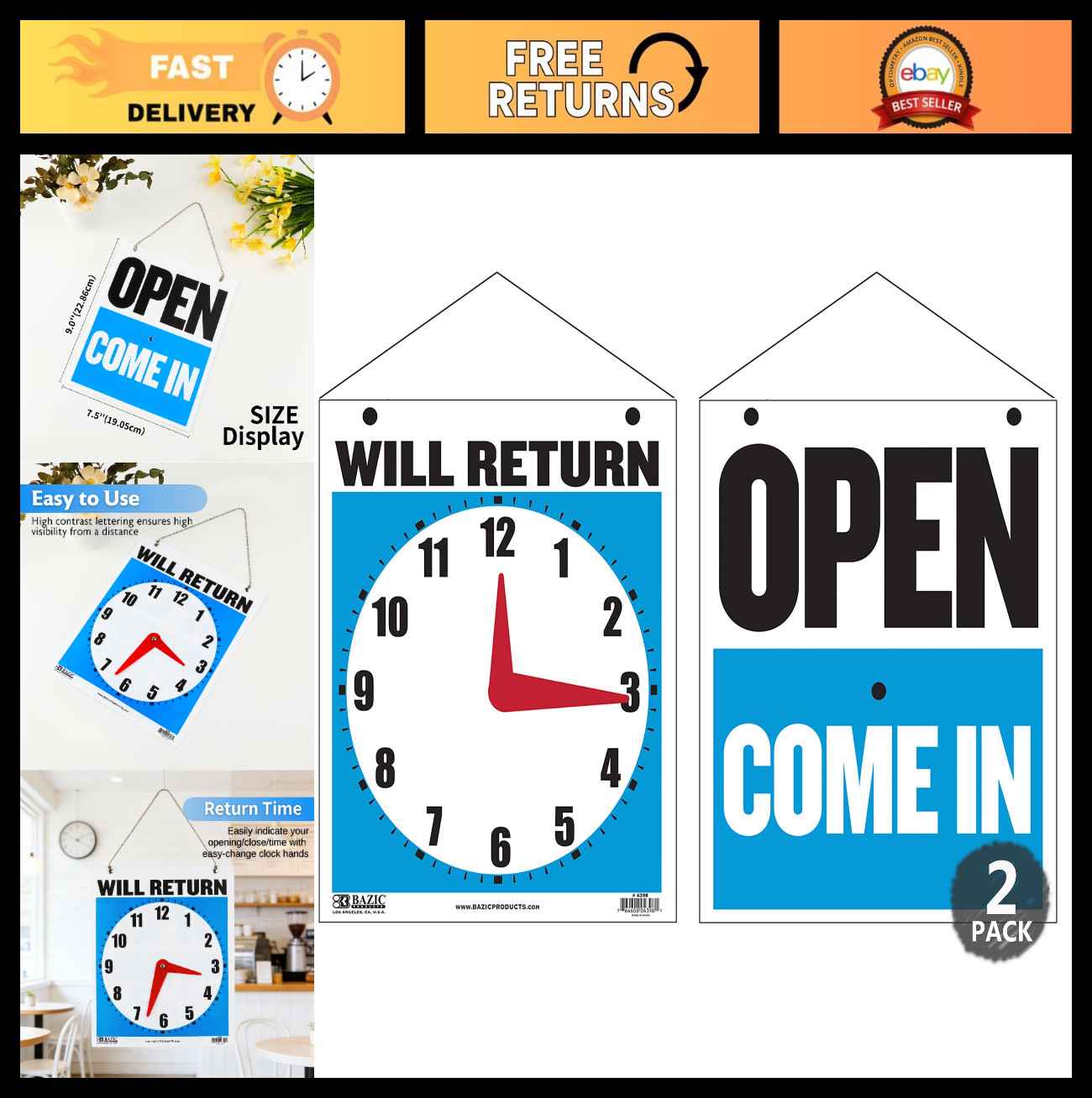 Movable Clock Hands Return/Open Sign 7.5×9 in – 2-Pack for Business Hours