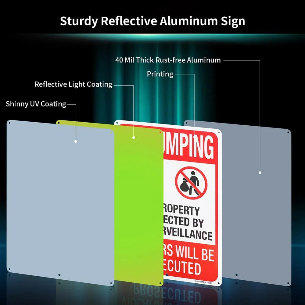 2 PC No Dumping Signs, Reflective 14 x 10 Aluminum No Littering Signs with Video