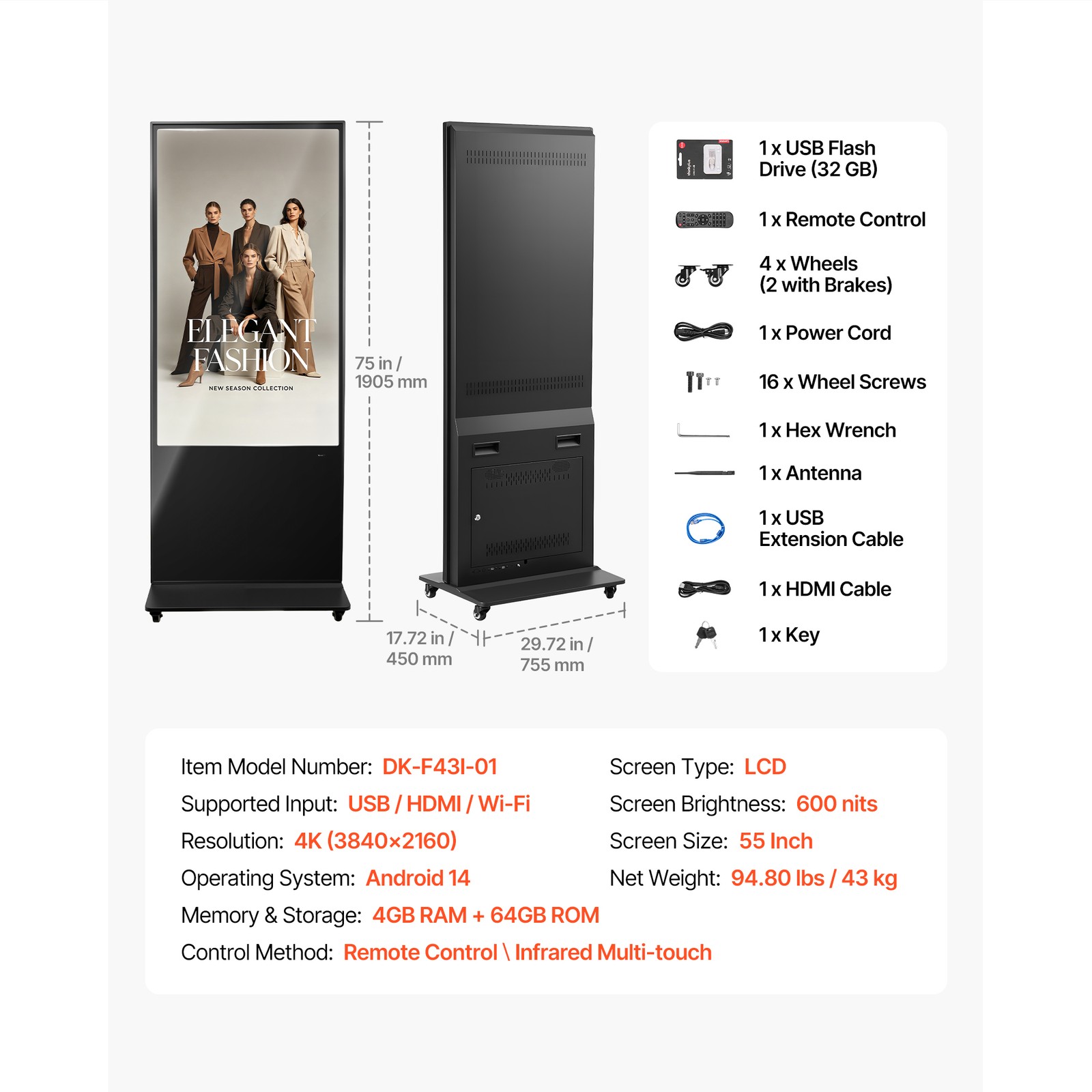 Uimoso 55 in Indoor Digital Signage Floor Display Kiosk with 4K Resolution