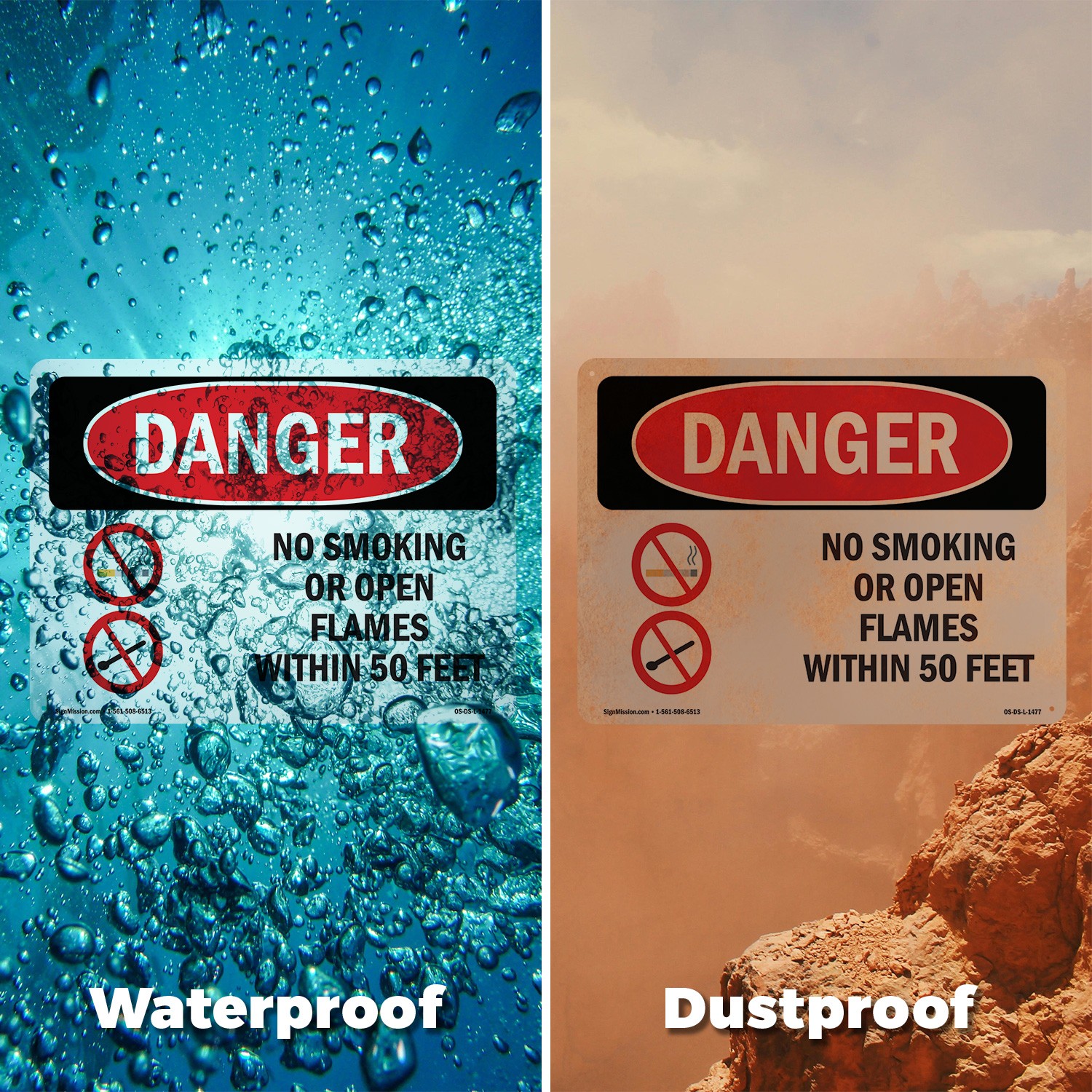 No Smoking Or Open Flames Within 50 Feet OSHA Danger Sign, Decal 5 or 10 Pack
