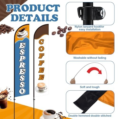 2 Set Coffee Feather Flags 15 Ft Swooper Kit – Windless Espresso Sign for Shops